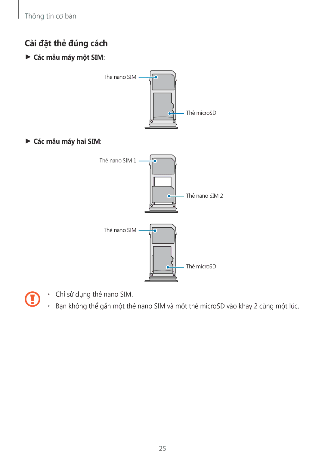 Samsung SM-G950FZDDXXV, SM-G950FZBDXXV, SM-G950FZKDXXV, SM-G955FZBDXXV manual Cài đặt thẻ đúng cách, Các mẫu máy một SIM 