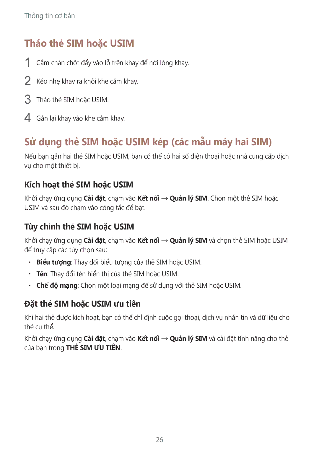 Samsung SM-G955FZDDXXV, SM-G950FZBDXXV manual Tháo thẻ SIM hoặc Usim, Sử dụng thẻ SIM hoặc Usim kép các mẫu máy hai SIM 