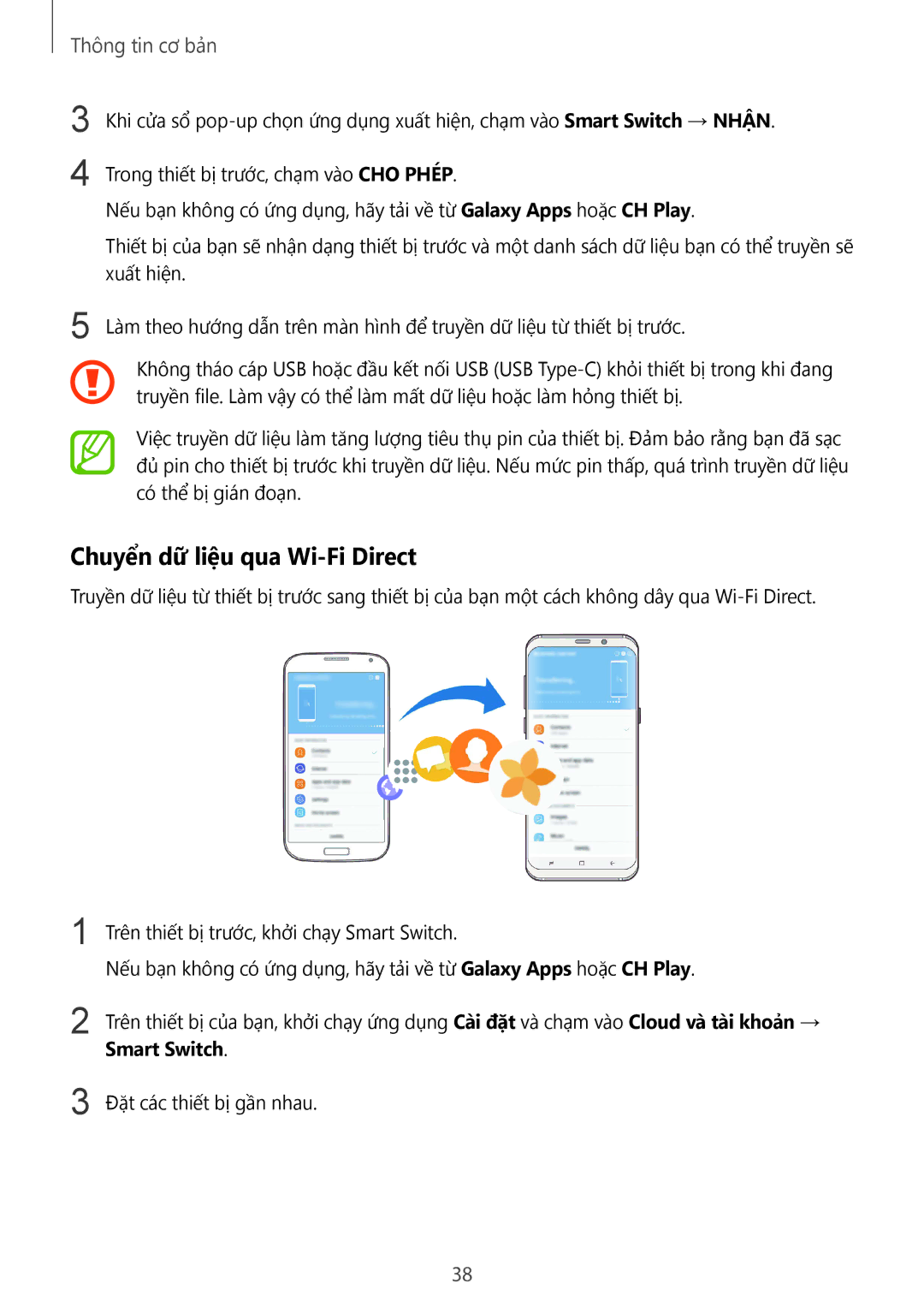 Samsung SM-G955FZKDXXV, SM-G950FZBDXXV, SM-G950FZKDXXV, SM-G955FZBDXXV manual Chuyển dữ liệu qua Wi-Fi Direct, Smart Switch 