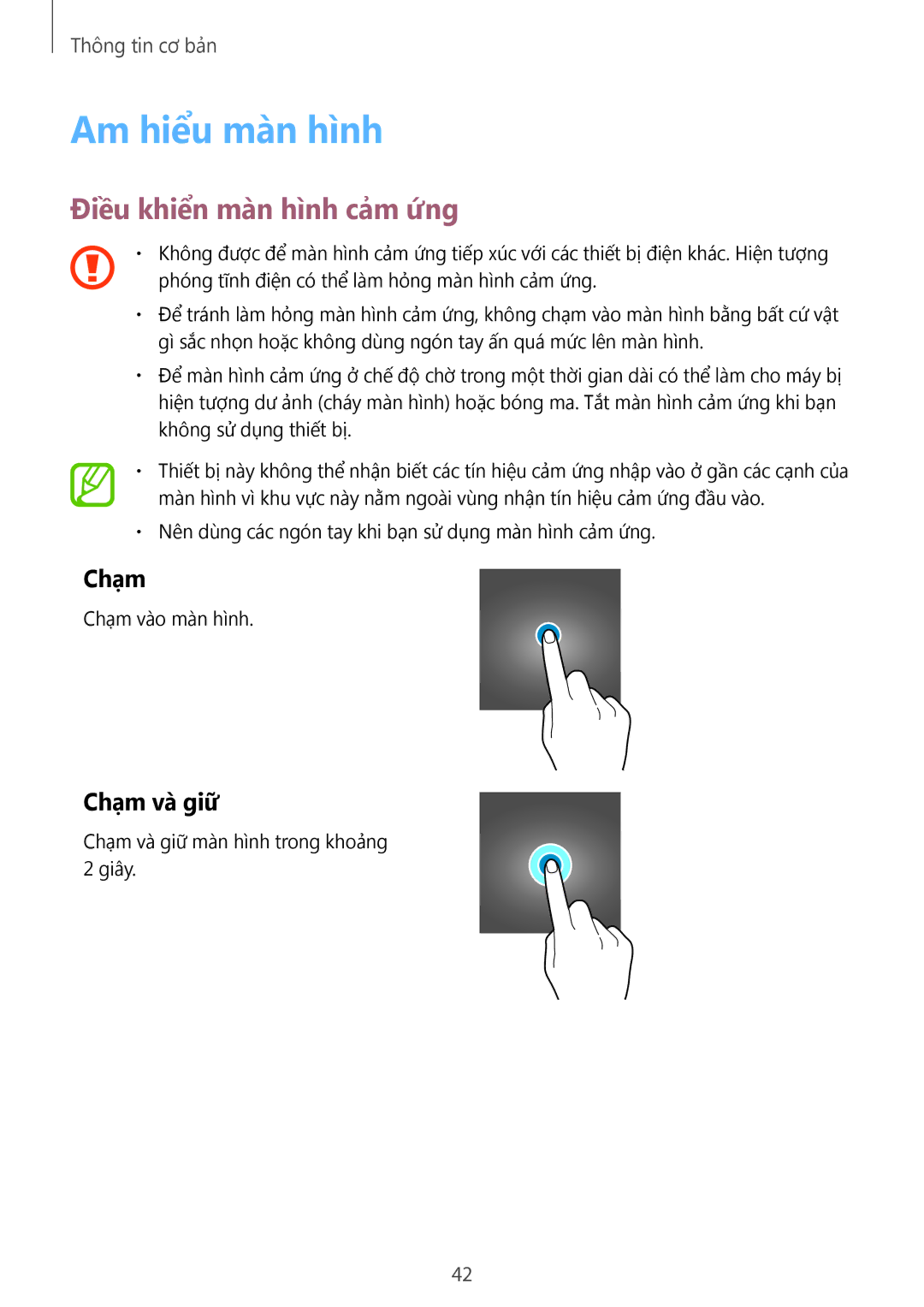 Samsung SM-G950FZBDXXV, SM-G950FZKDXXV, SM-G955FZBDXXV manual Am hiểu màn hình, Điều khiển màn hình cảm ứng, Chạm và giữ 