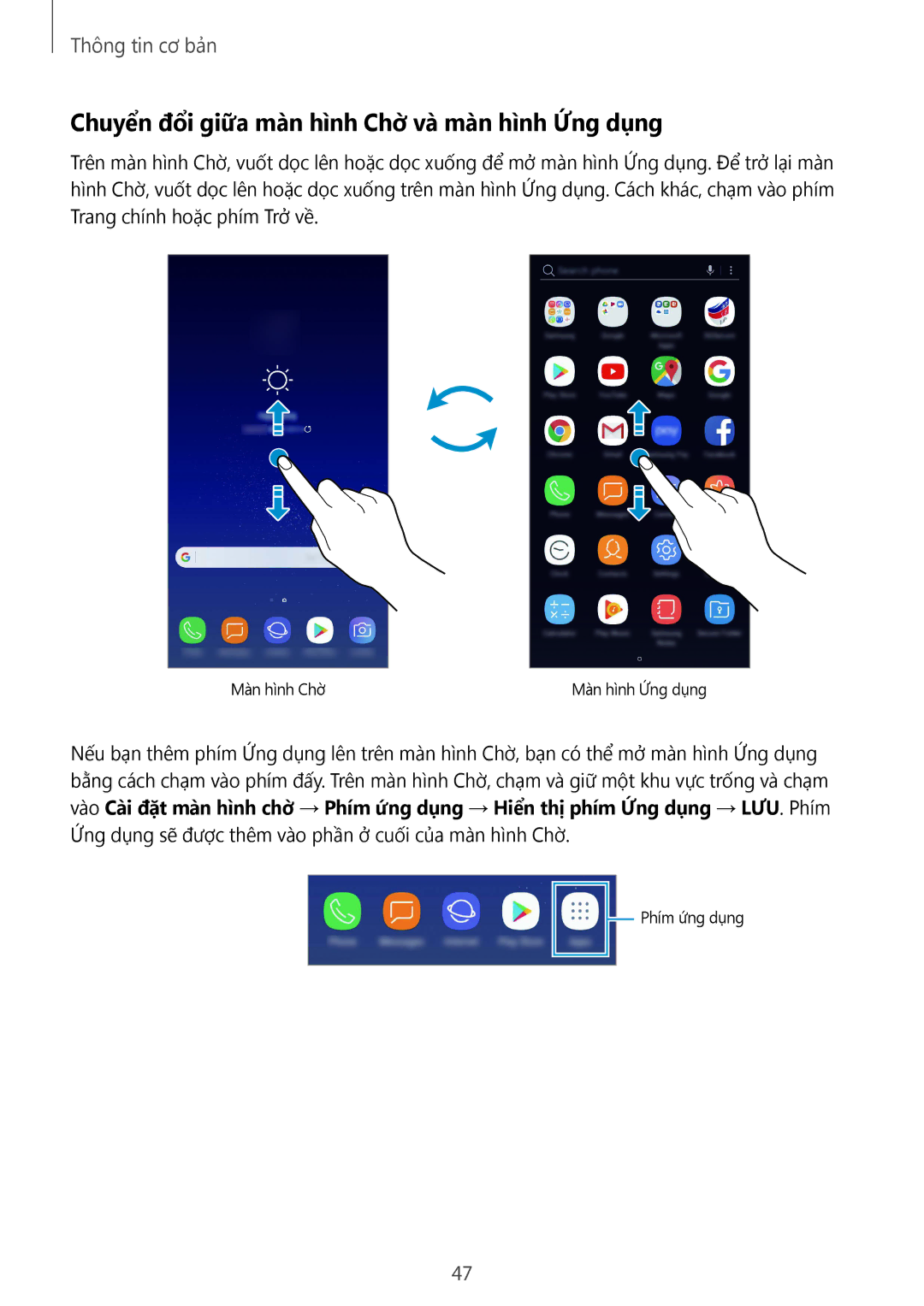 Samsung SM-G955FZDDXXV, SM-G950FZBDXXV, SM-G950FZKDXXV, SM-G955FZBDXXV Chuyển đổi giữa màn hình Chờ và màn hình Ứng dụng 