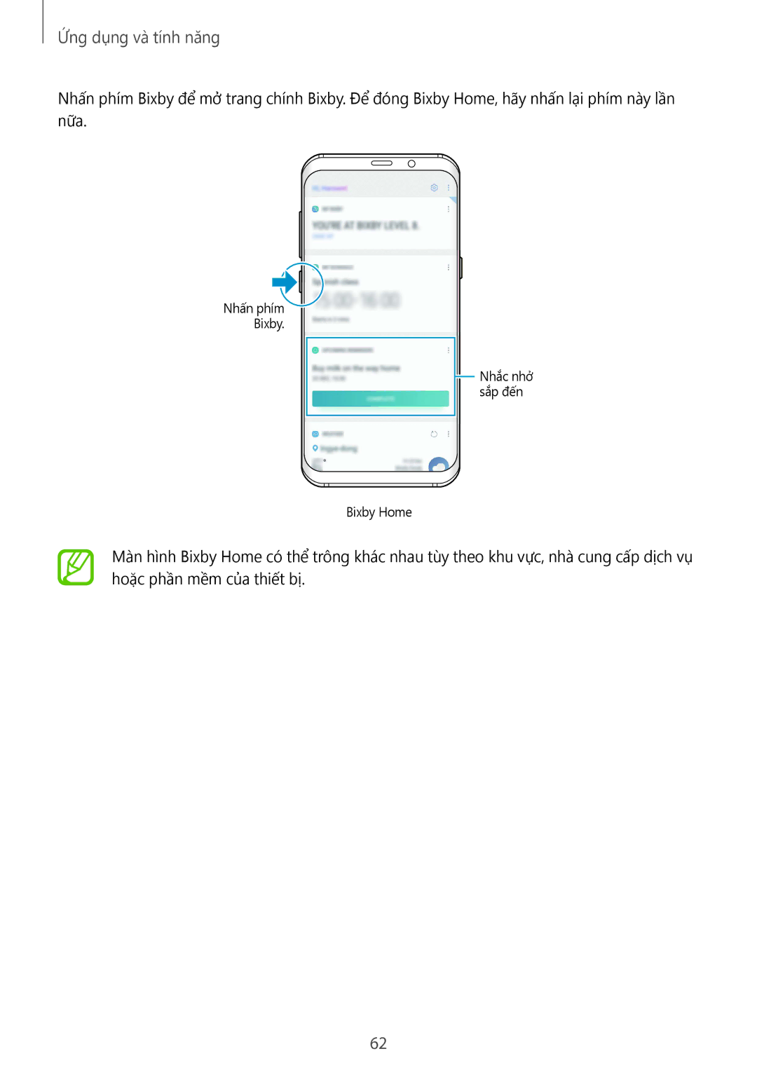 Samsung SM-G955FZVDXXV, SM-G950FZBDXXV, SM-G950FZKDXXV, SM-G955FZBDXXV manual Nhấn phím Bixby Nhắc nhở sắp đến Bixby Home 