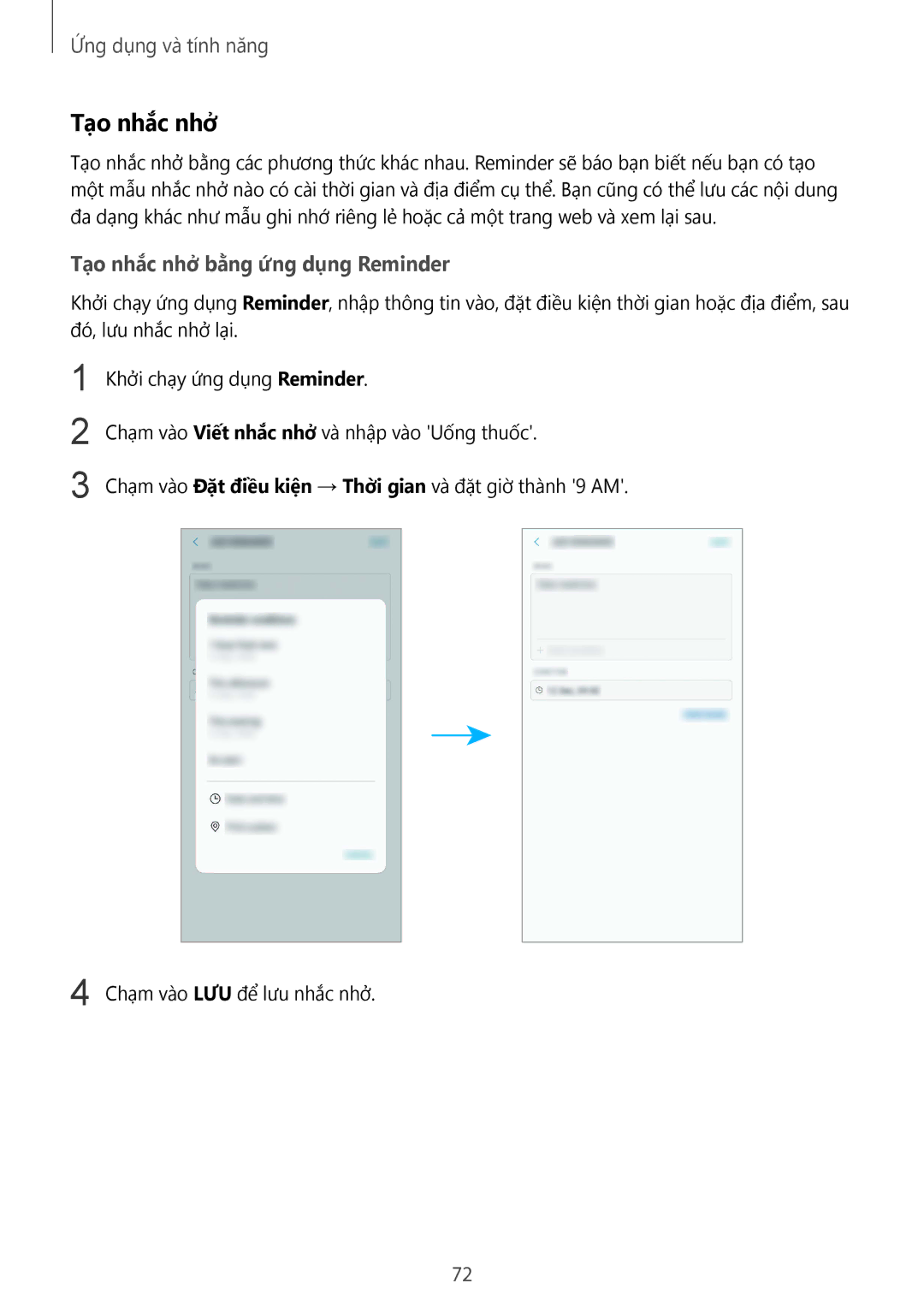 Samsung SM-G955FZBDXXV, SM-G950FZBDXXV, SM-G950FZKDXXV, SM-G955FZKDXXV manual Tạo nhắc nhở bằng ứng dụng Reminder 