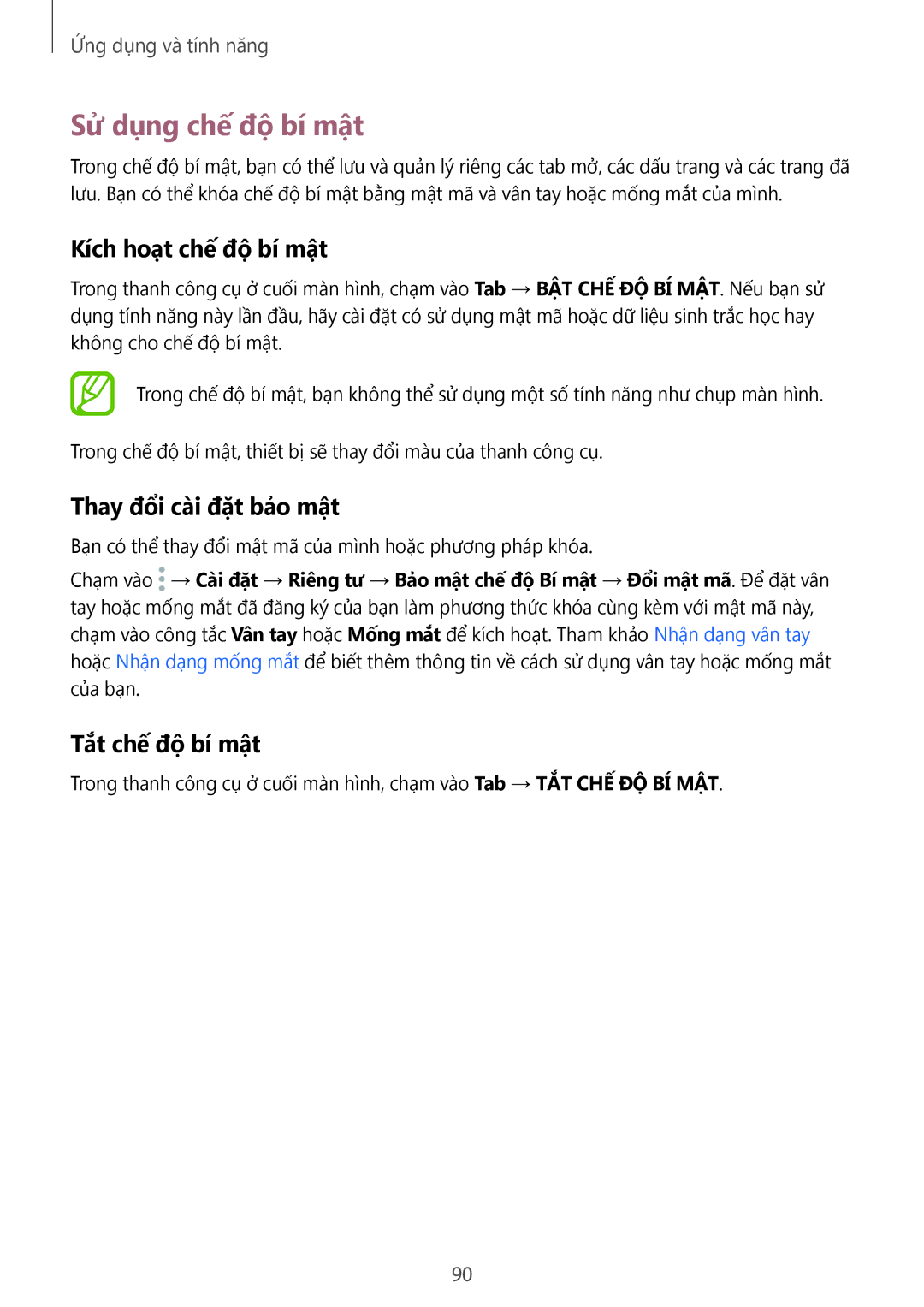 Samsung SM-G955FZVDXXV manual Sử dụng chế độ bí mật, Kích hoạt chế độ bí mật, Thay đổi cài đặt bảo mật, Tắt chế độ bí mật 
