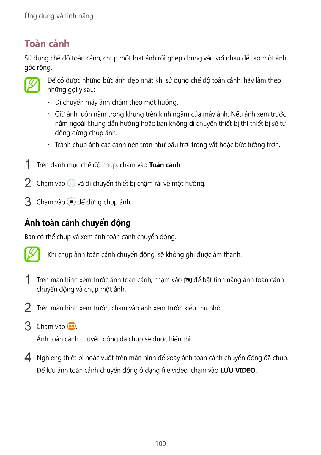 Samsung SM-G955FZBDXXV, SM-G950FZBDXXV, SM-G950FZKDXXV, SM-G955FZKDXXV manual Toàn cảnh, Ảnh toàn cảnh chuyển động, 100 