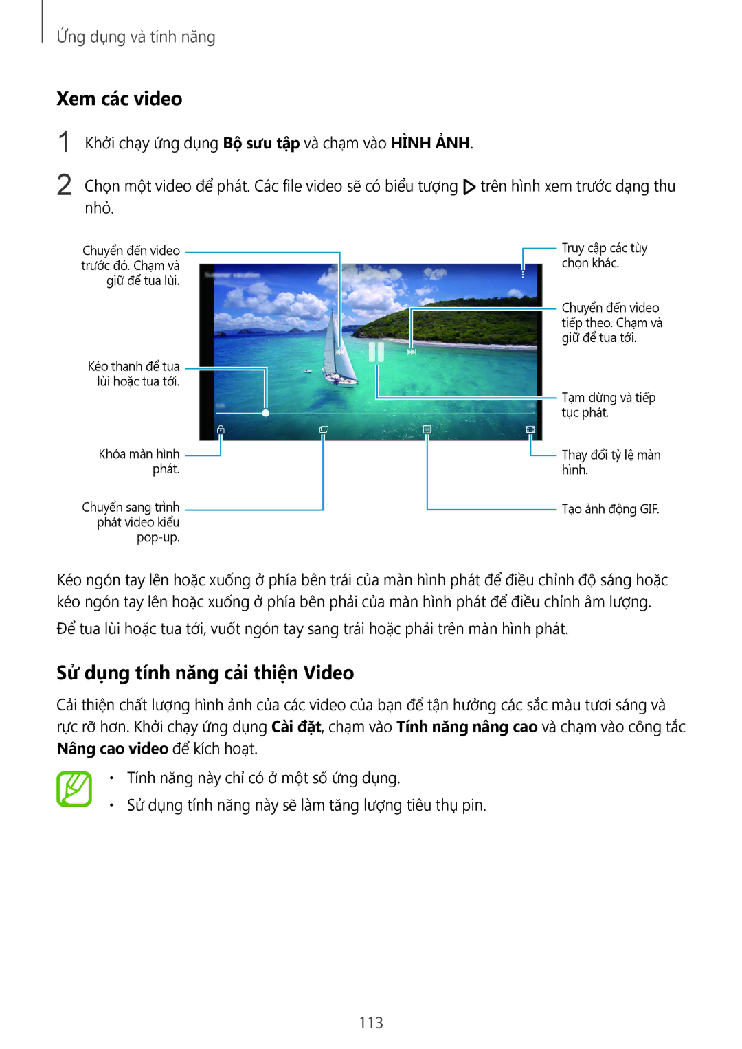 Samsung SM-G950FZKDXXV, SM-G950FZBDXXV, SM-G955FZBDXXV manual Xem các video, Sử dụng tính năng cải thiệ̣n Video, 113 