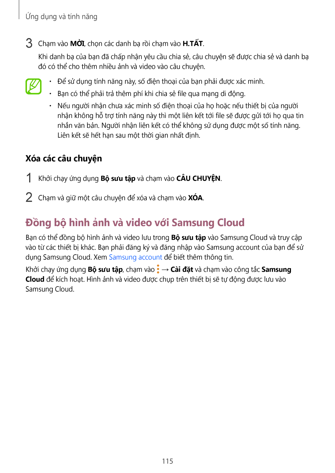 Samsung SM-G955FZKDXXV, SM-G950FZBDXXV manual Đồng bộ hình ảnh và video với Samsung Cloud, Xóa các câu chuyệ̣n, 115 