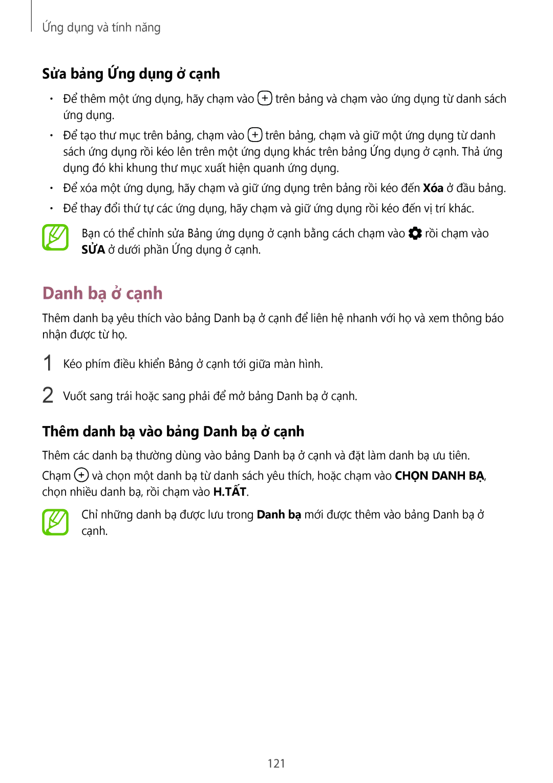 Samsung SM-G955FZBDXXV, SM-G950FZBDXXV manual Sửa bảng Ứng dụng ở cạ̣nh, Thêm danh bạ̣ vào bảng Danh bạ̣ ở cạ̣nh, 121 