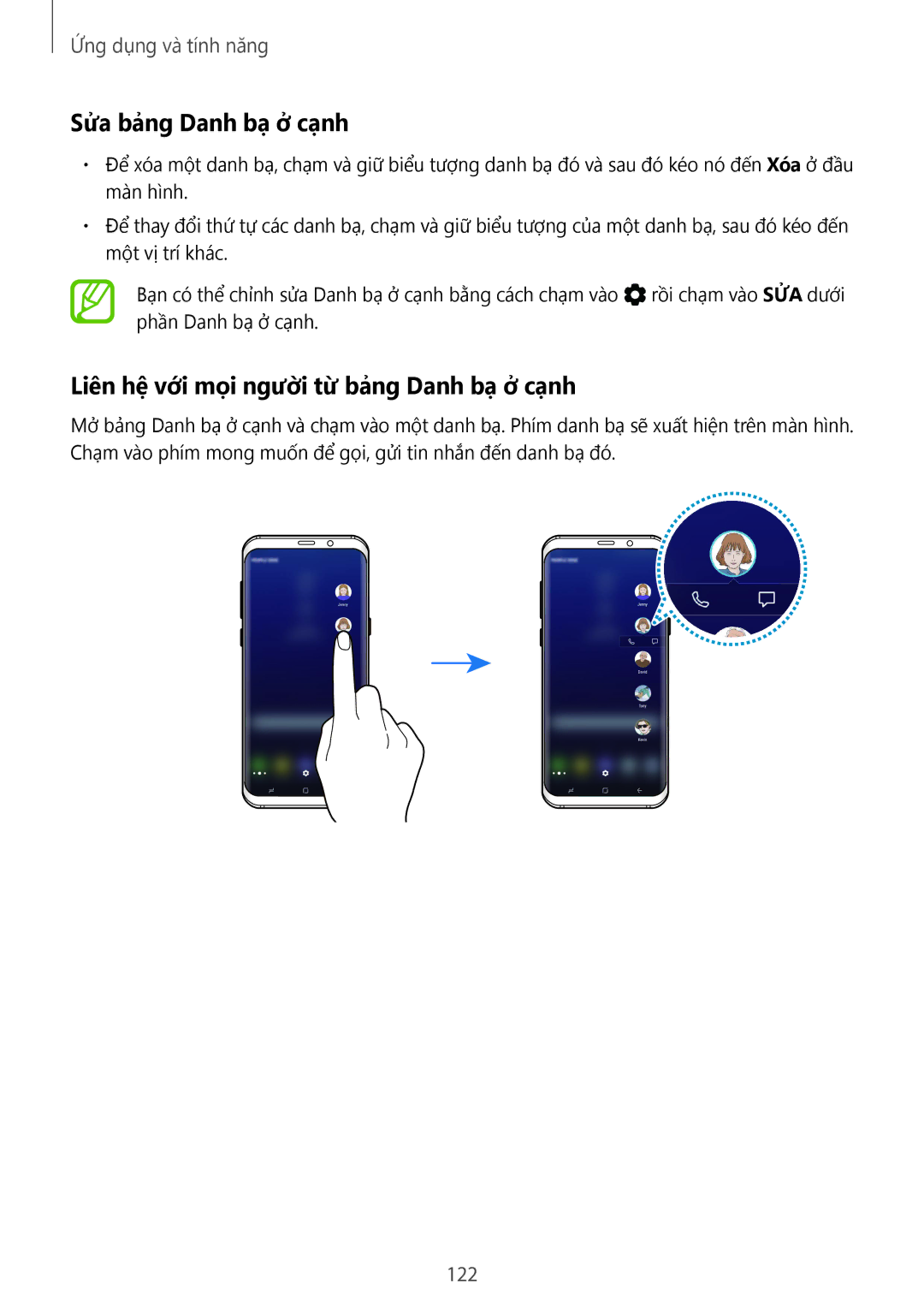 Samsung SM-G955FZKDXXV, SM-G950FZBDXXV Sửa bảng Danh bạ̣ ở cạ̣nh, Liên hệ̣ với mọi người từ bảng Danh bạ̣ ở cạ̣nh, 122 