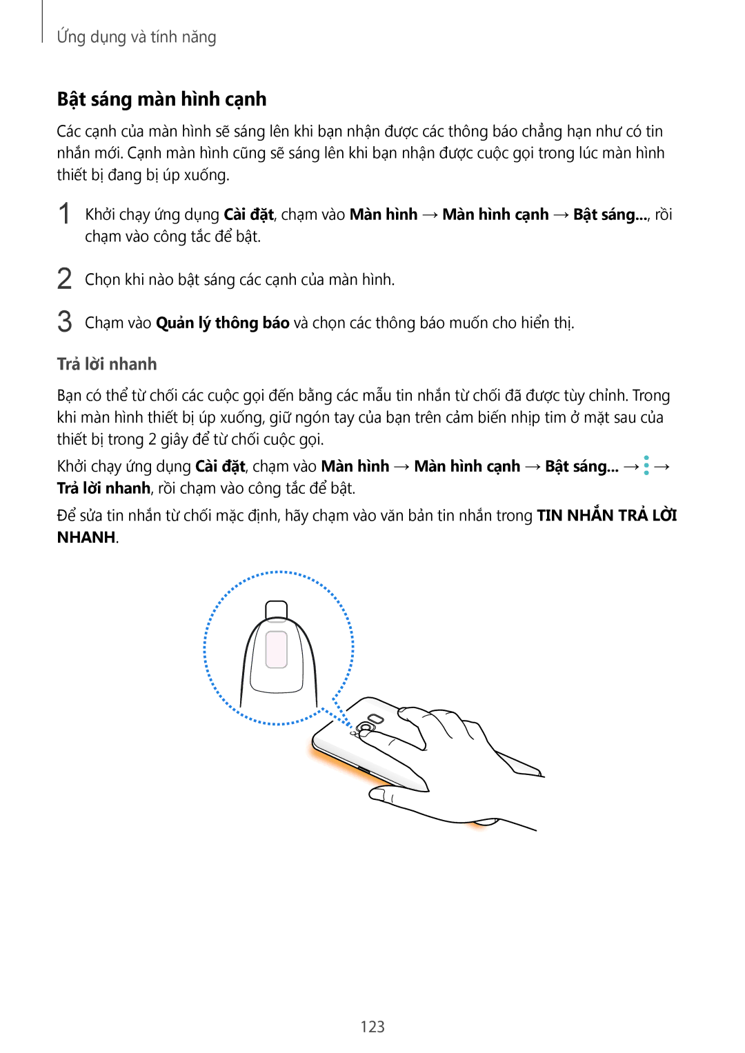 Samsung SM-G950FZDDXXV, SM-G950FZBDXXV, SM-G950FZKDXXV, SM-G955FZBDXXV manual Bật sáng màn hình cạ̣nh, Trả lời nhanh, 123 
