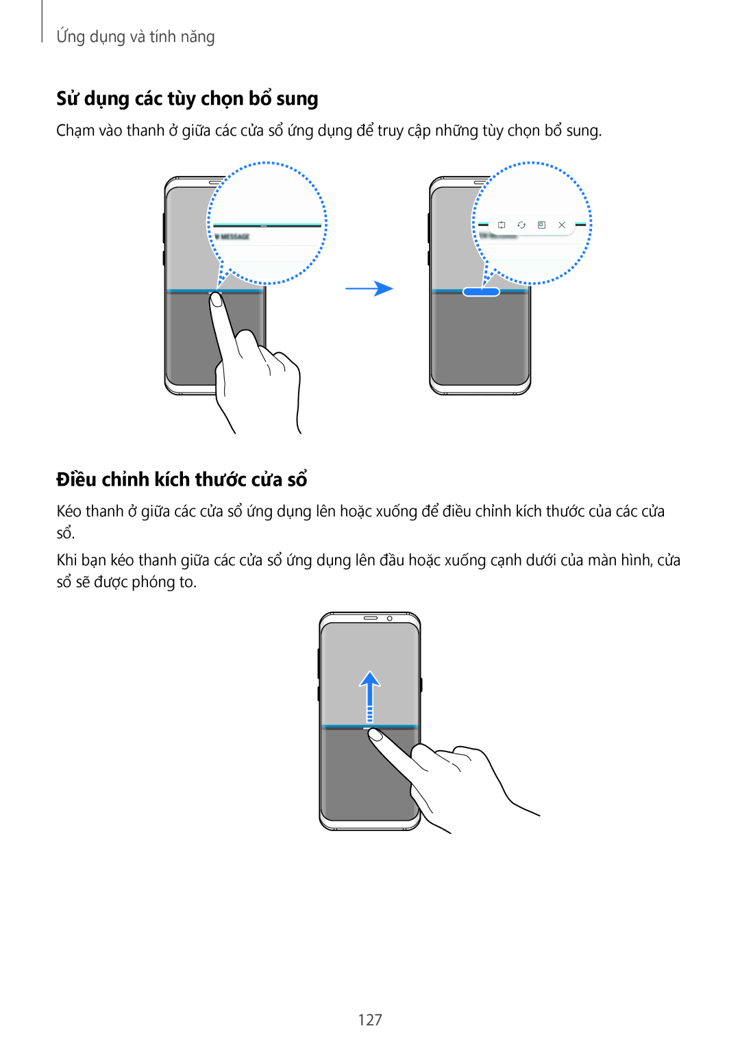 Samsung SM-G950FZKDXXV, SM-G950FZBDXXV, SM-G955FZBDXXV manual Sử dụng các tùy chọn bổ sung, Điều chỉnh kích thước cửa sổ, 127 