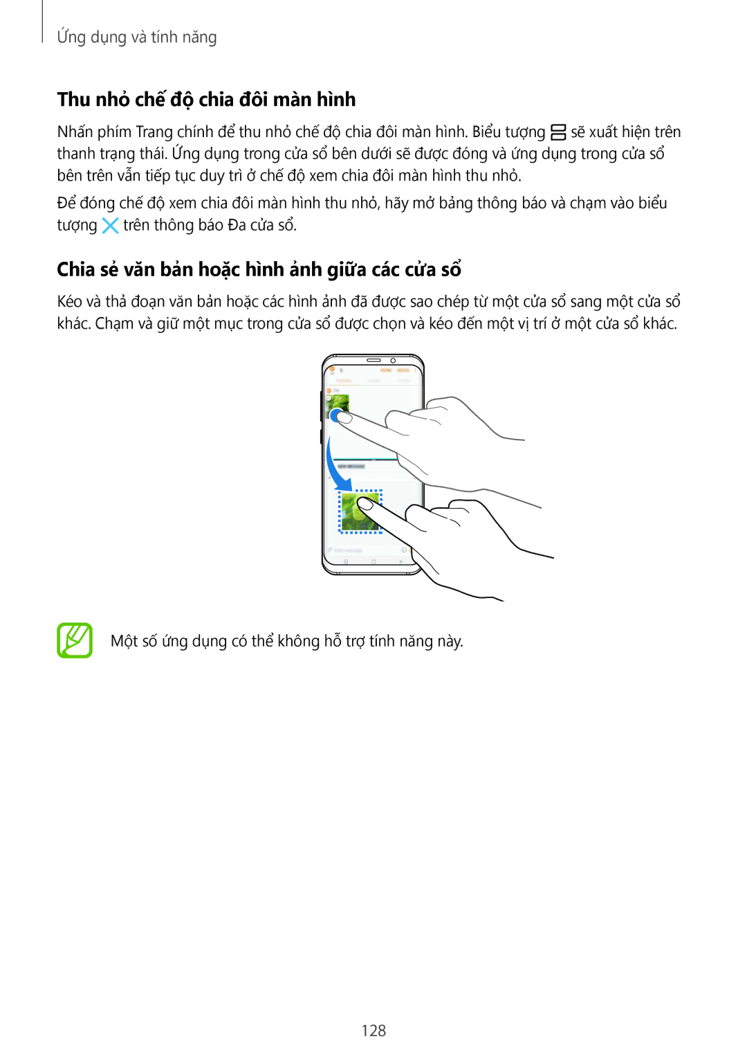 Samsung SM-G955FZBDXXV manual Thu nhỏ chế độ chia đôi màn hình, Chia sẻ văn bản hoặc hình ảnh giữa các cửa sổ, 128 