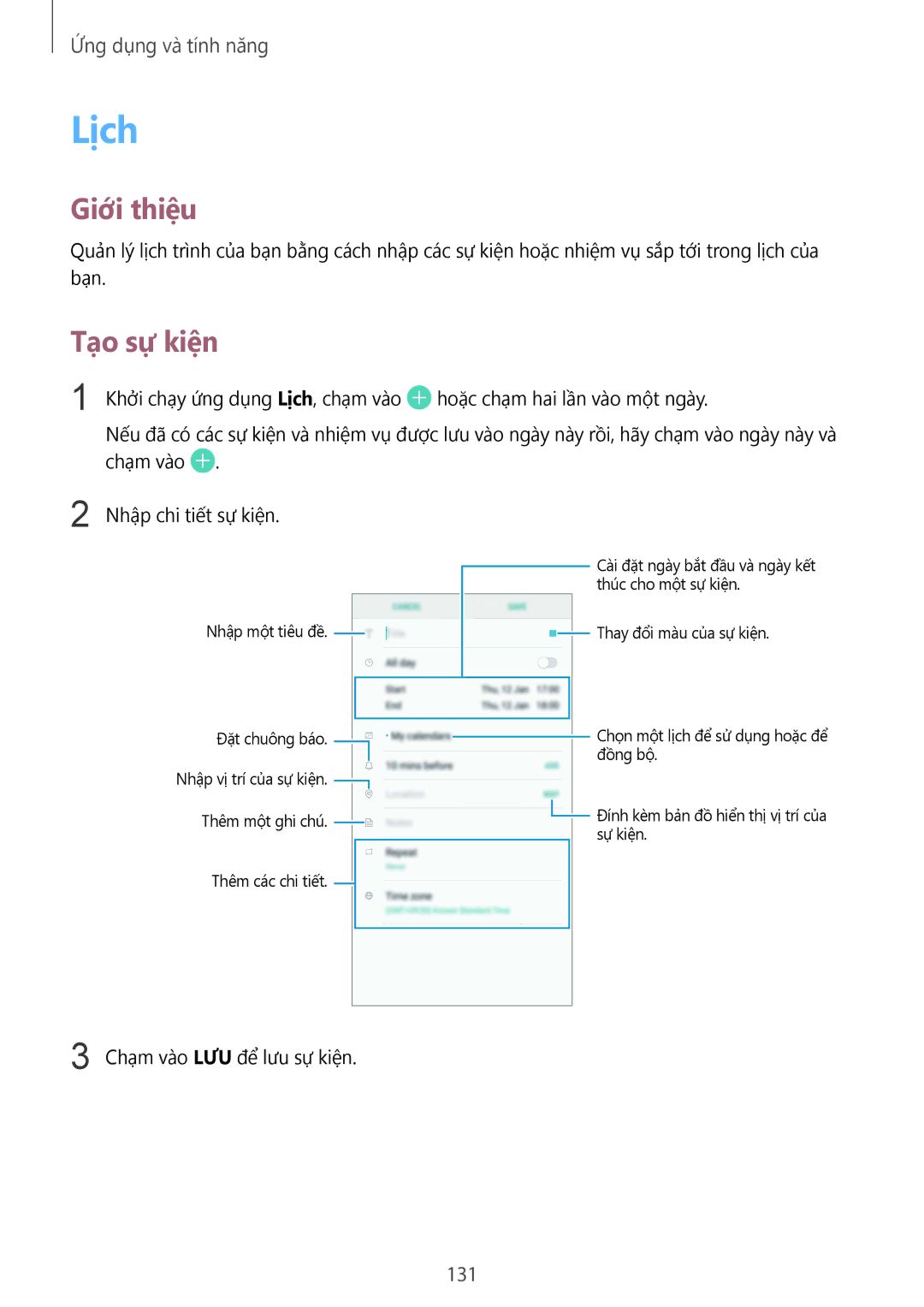 Samsung SM-G955FZDDXXV, SM-G950FZBDXXV, SM-G950FZKDXXV, SM-G955FZBDXXV, SM-G955FZKDXXV manual Lịch, Tạ̣o sự kiệ̣n, 131 