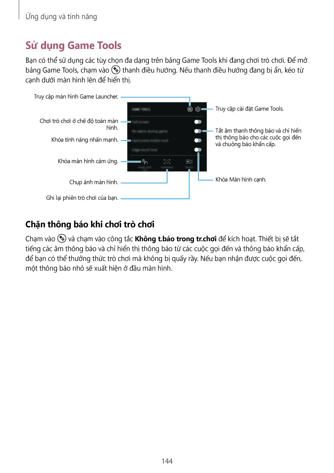 Samsung SM-G950FZDDXXV, SM-G950FZBDXXV, SM-G950FZKDXXV manual Sử dụng Game Tools, Chặn thông báo khi chơi trò chơi, 144 