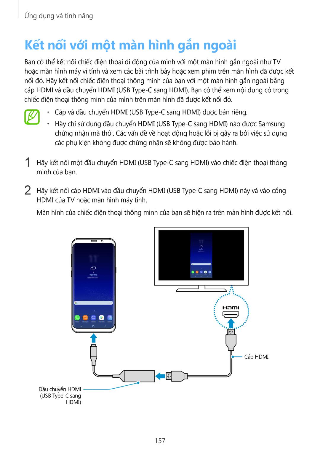 Samsung SM-G955FZKDXXV, SM-G950FZBDXXV, SM-G950FZKDXXV, SM-G955FZBDXXV manual Kết nối với một màn hình gắn ngoài, 157 