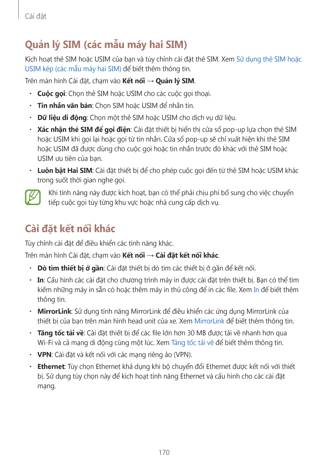 Samsung SM-G955FZBDXXV, SM-G950FZBDXXV, SM-G950FZKDXXV manual Quản lý SIM các mẫu máy hai SIM, Cài đặt kết nối khác, 170 