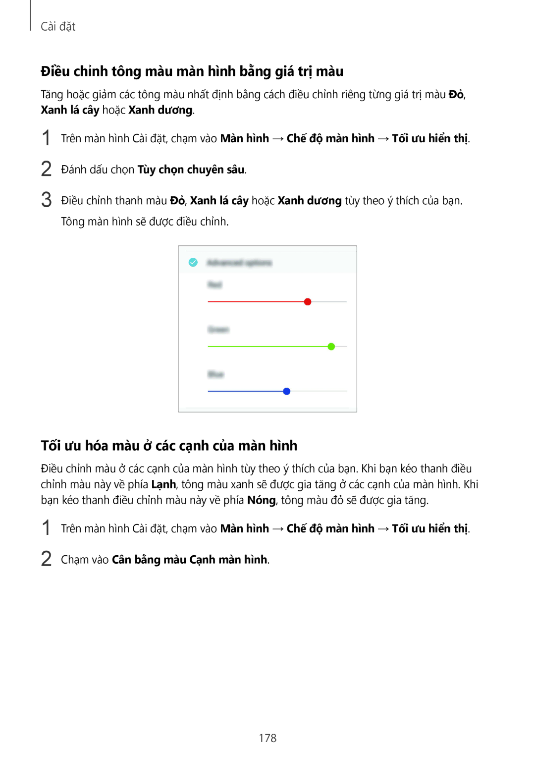 Samsung SM-G955FZKDXXV manual Điều chỉnh tông màu màn hình bằng giá trị màu, Tối ưu hóa màu ở các cạ̣nh của màn hình, 178 