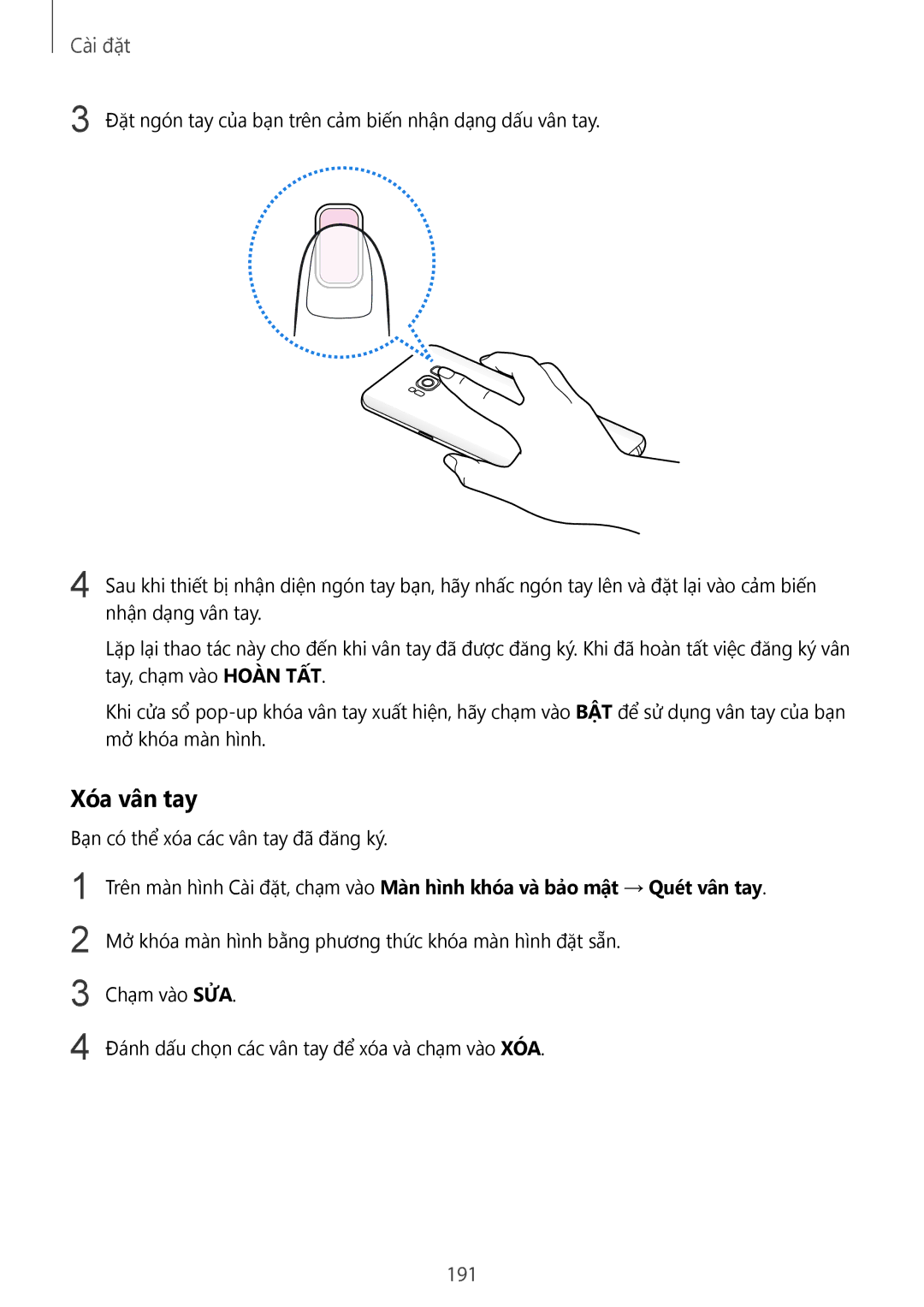 Samsung SM-G955FZBDXXV, SM-G950FZBDXXV, SM-G950FZKDXXV, SM-G955FZKDXXV, SM-G950FZDDXXV, SM-G955FZDDXXV manual Xóa vân tay, 191 