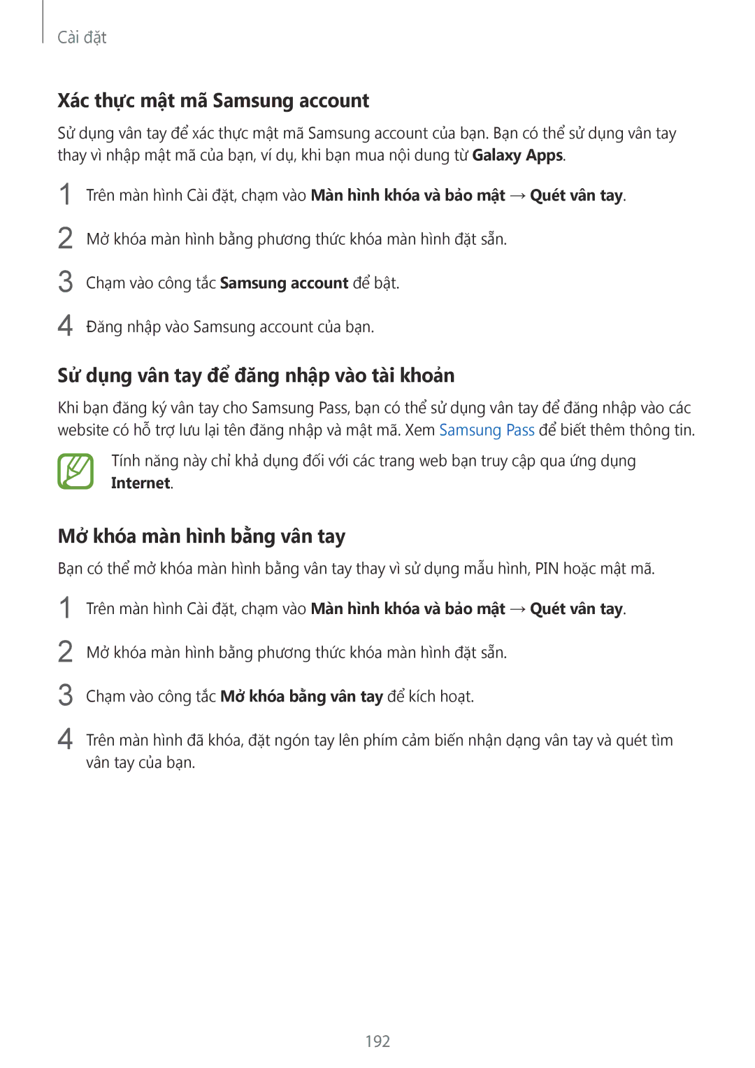 Samsung SM-G955FZKDXXV, SM-G950FZBDXXV Xác thực mật mã Samsung account, Sử dụng vân tay để đăng nhập vào tài khoản, 192 