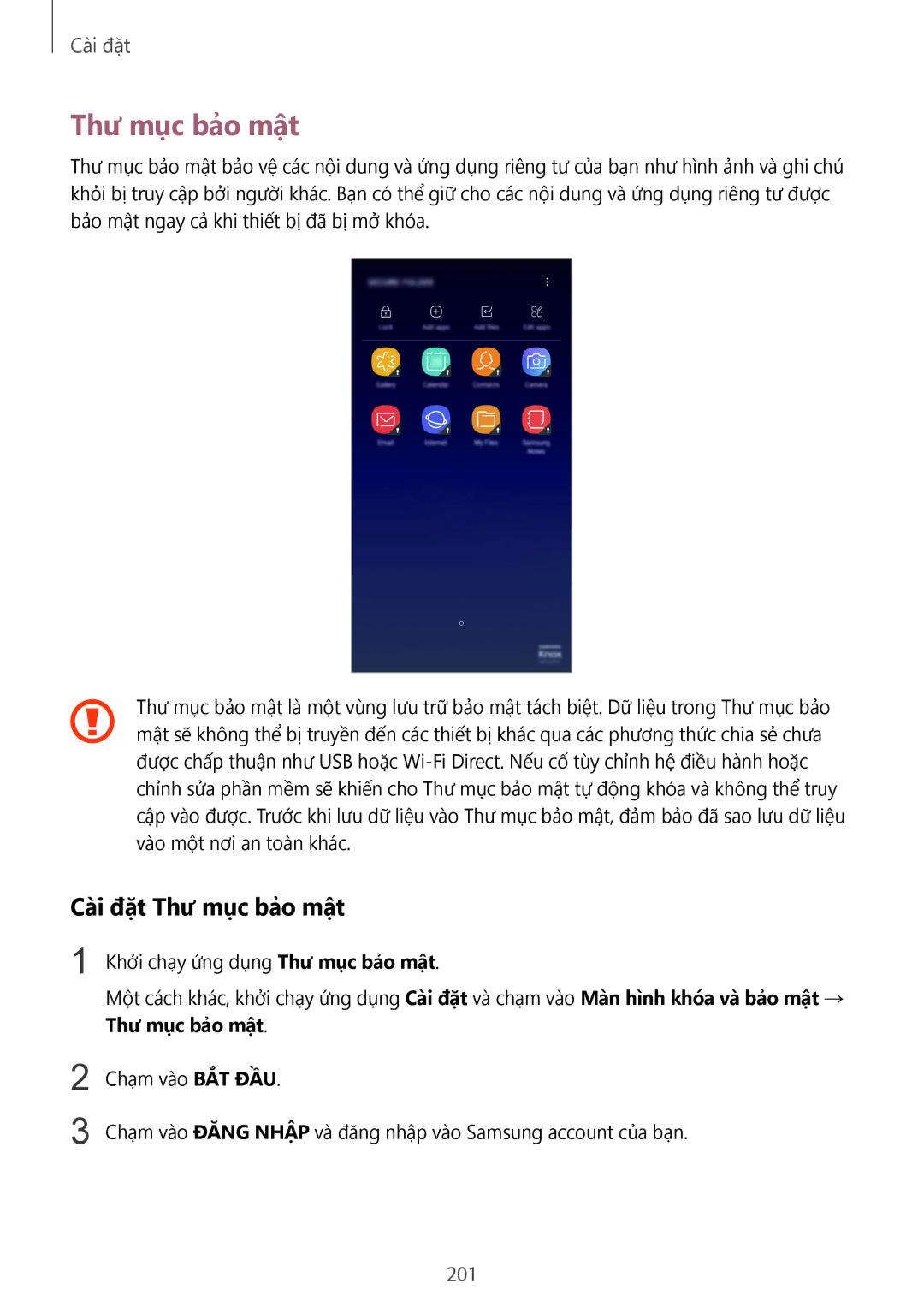 Samsung SM-G955FZDDXXV, SM-G950FZBDXXV, SM-G950FZKDXXV, SM-G955FZBDXXV, SM-G955FZKDXXV manual Cài đặt Thư mục bảo mật, 201 