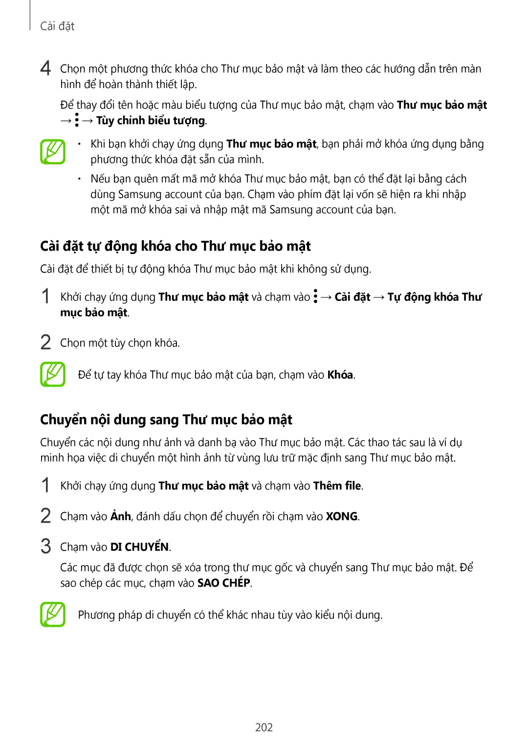 Samsung SM-G955FZVDXXV, SM-G950FZBDXXV Cài đặt tự động khóa cho Thư mục bảo mật, Chuyển nội dung sang Thư mục bảo mật, 202 