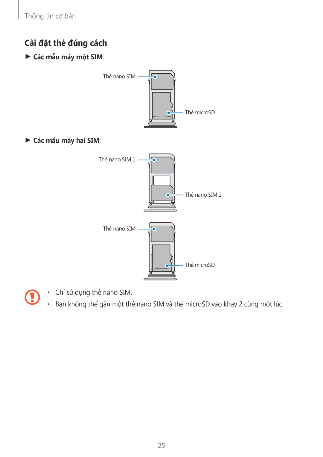 Samsung SM-G950FZDDXXV, SM-G950FZBDXXV, SM-G950FZKDXXV, SM-G955FZBDXXV manual Cài đặt thẻ đúng cách, Các mẫu máy một SIM 