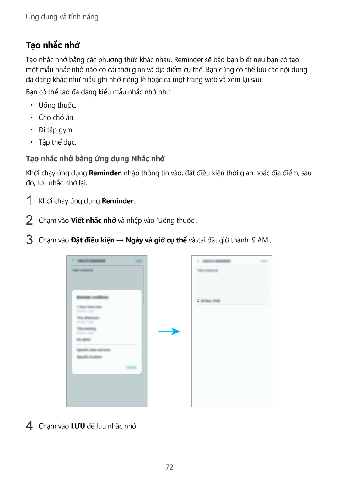 Samsung SM-G955FZBDXXV, SM-G950FZBDXXV, SM-G950FZKDXXV, SM-G955FZKDXXV manual Tạ̣o nhắc nhở bằng ứng dụng Nhắc nhở 