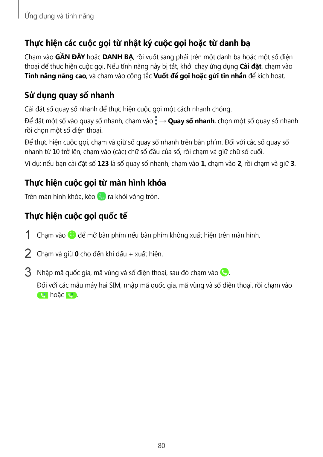 Samsung SM-G955FZKDXXV manual Sử dụng quay số nhanh, Thực hiệ̣n cuộc gọi từ màn hình khóa, Thực hiệ̣n cuộc gọi quốc tế 
