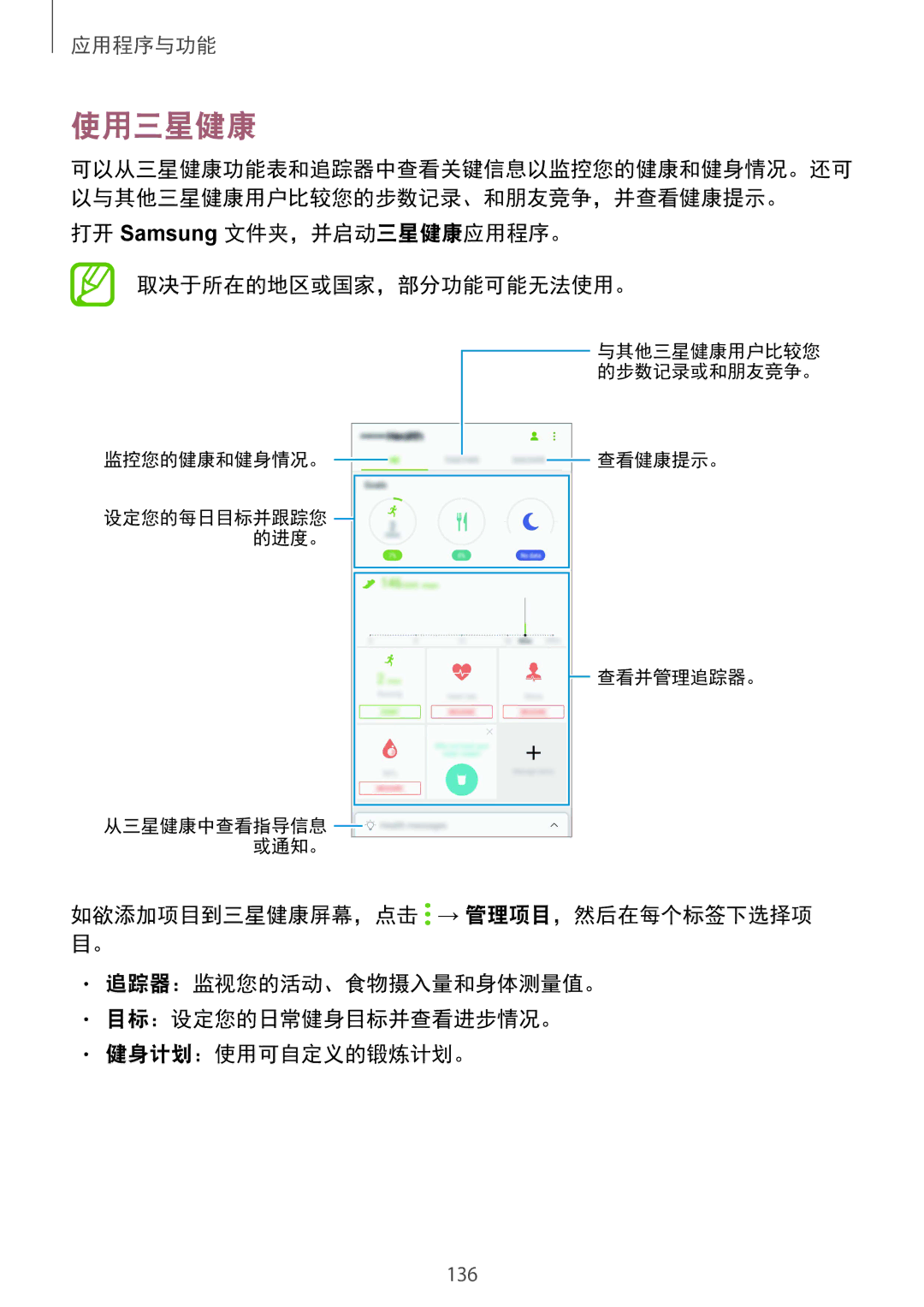 Samsung SM-G955FZKDXXV, SM-G950FZBDXXV, SM-G950FZKDXXV manual 使用三星健康, 打开 Samsung 文件夹，并启动三星健康应用程序。 取决于所在的地区或国家，部分功能可能无法使用。 