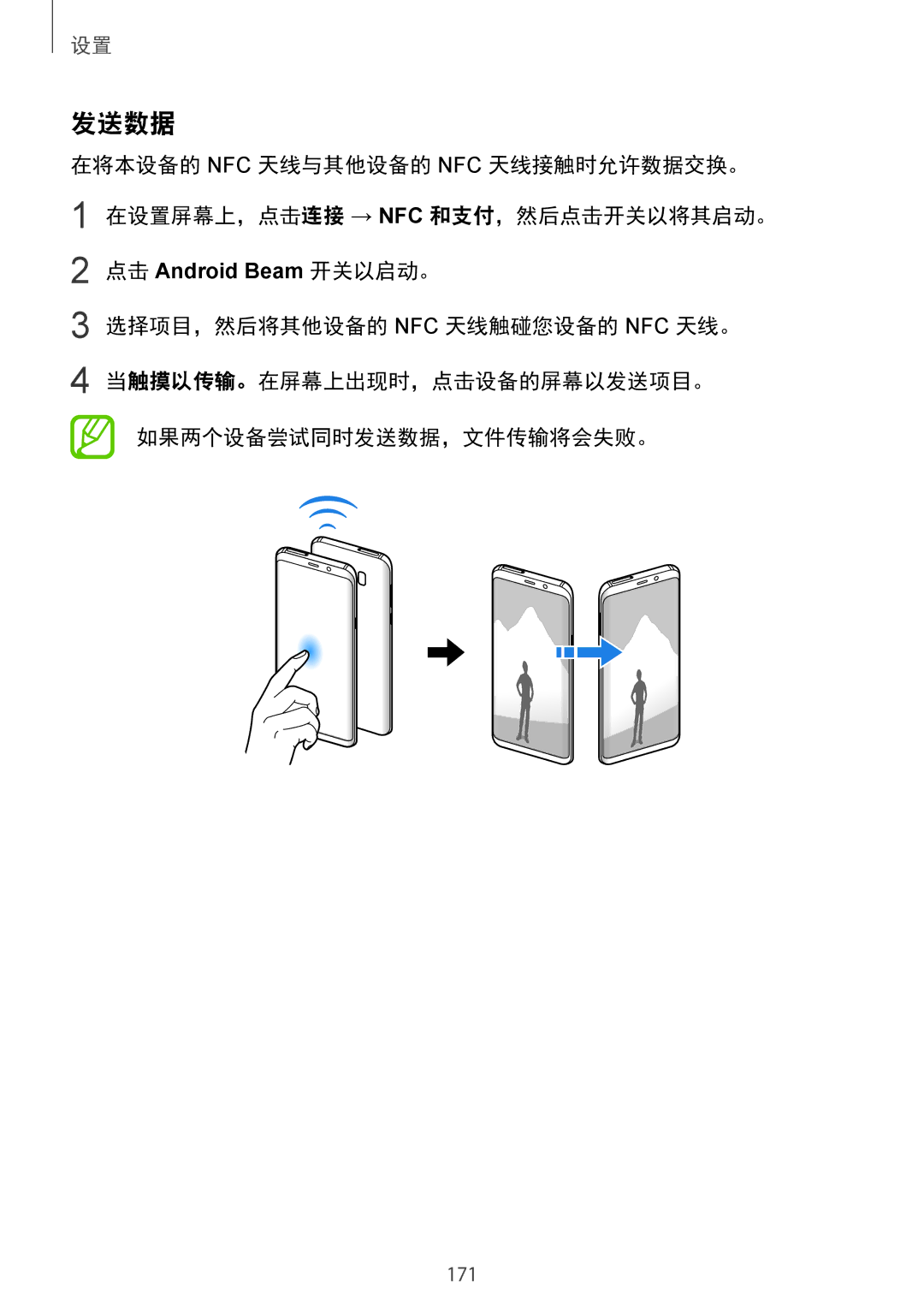 Samsung SM-G955FZKDXXV, SM-G950FZBDXXV, SM-G950FZKDXXV, SM-G955FZBDXXV, SM-G950FZDDXXV manual 发送数据, 点击 Android Beam 开关以启动。 