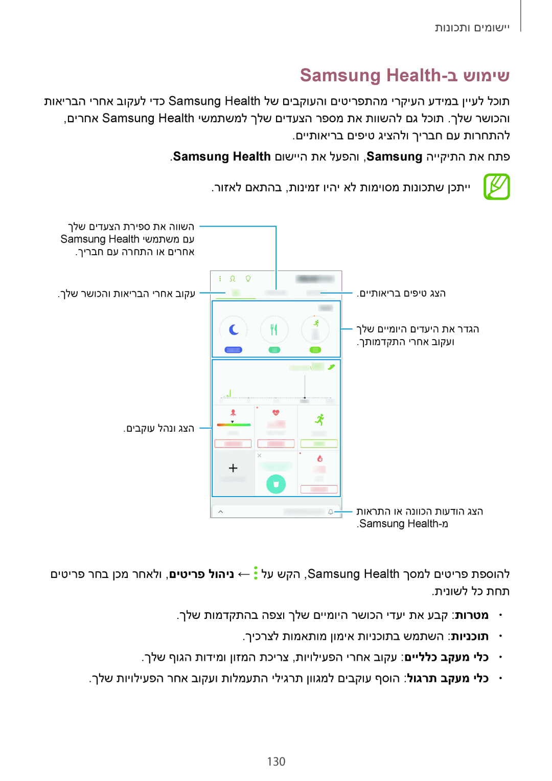 Samsung SM-G950FZVAILO, SM-G950FZDAILO, SM-G955FZKAILO, SM-G955FZDAILO, SM-G950FZKAILO manual Samsung Health-ב שומיש, 130 