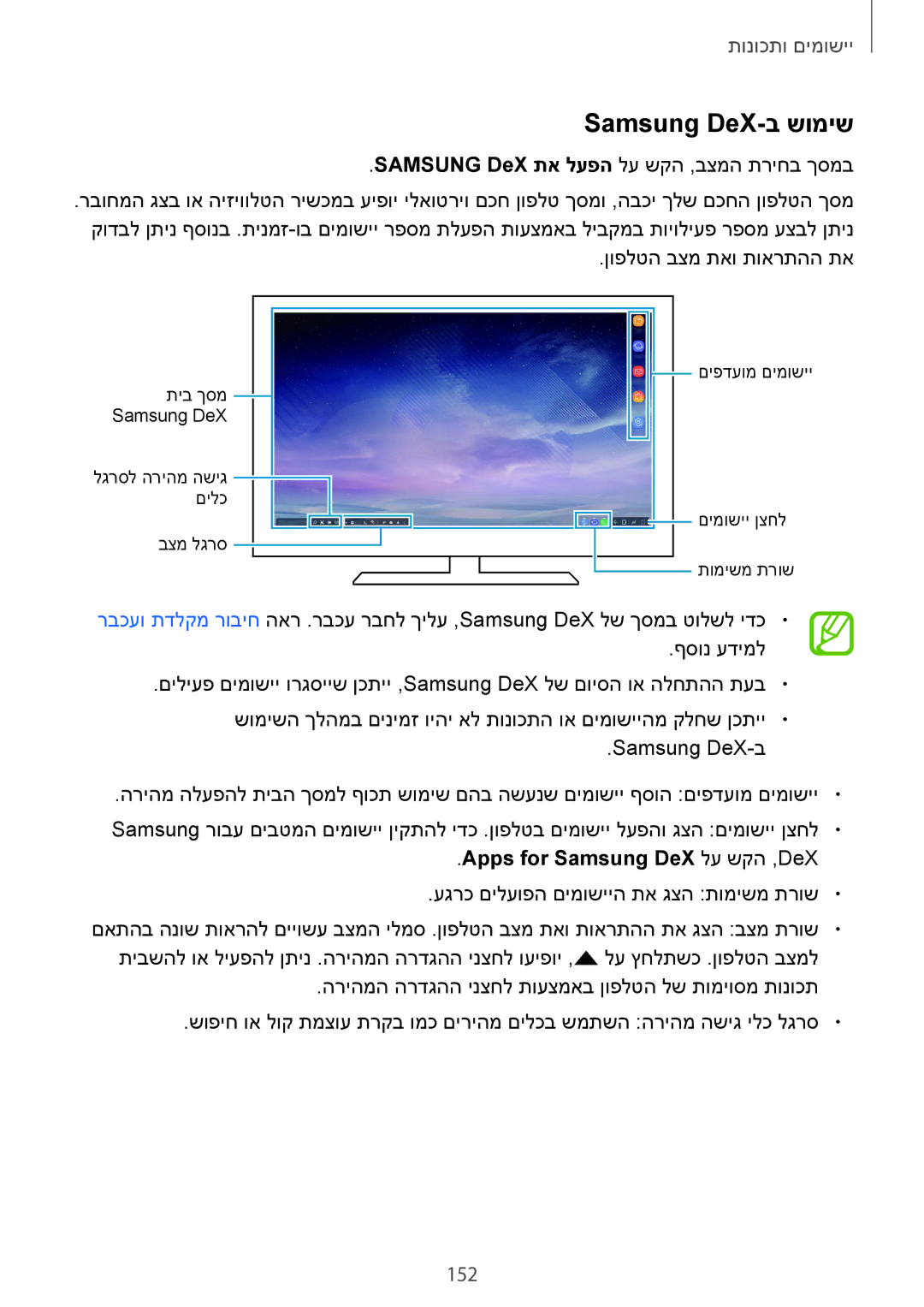 Samsung SM-G955FZDAILO, SM-G950FZDAILO, SM-G955FZKAILO manual Samsung DeX-ב שומיש, 152, Apps for Samsung DeX לע שקה ,DeX 