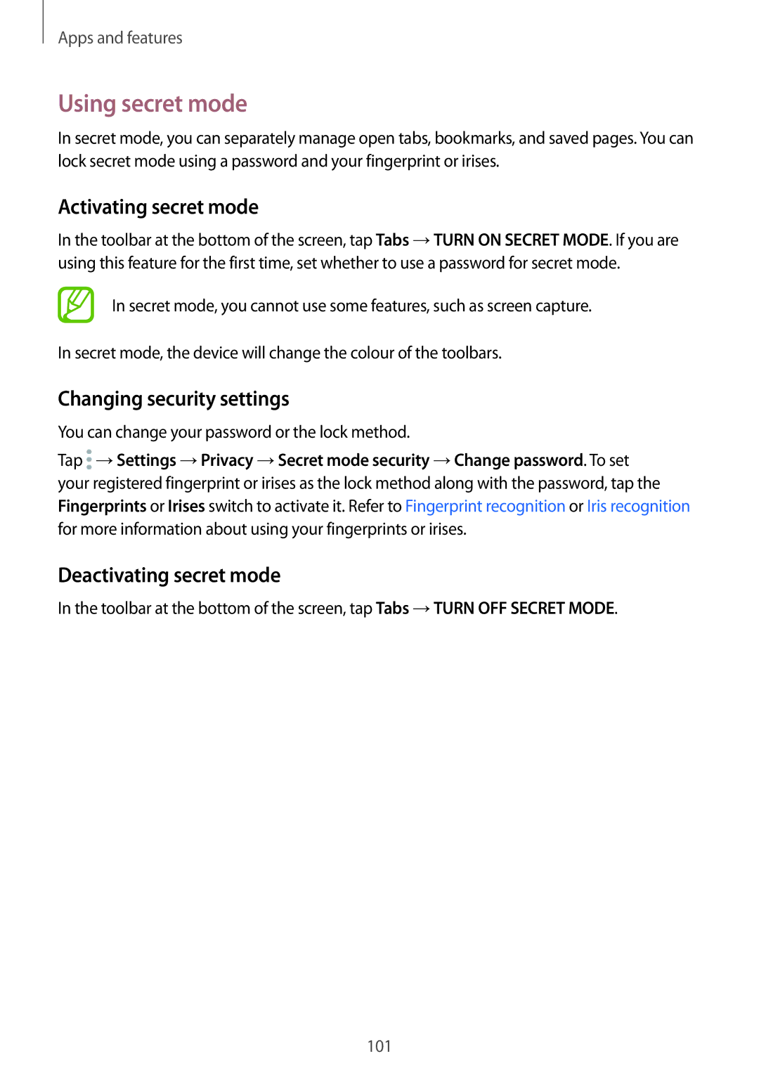 Samsung SM-G955FZVACYV Using secret mode, Activating secret mode, Changing security settings, Deactivating secret mode 