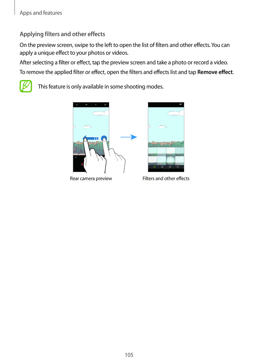 Samsung SM-G950FZSACYV manual Applying filters and other effects, This feature is only available in some shooting modes 