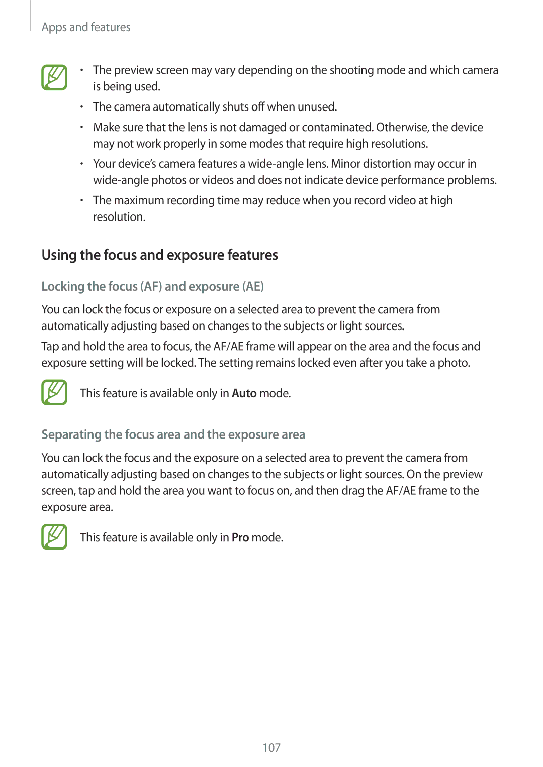 Samsung SM-G950FZSAEUR, SM-G950FZIADBT manual Using the focus and exposure features, Locking the focus AF and exposure AE 