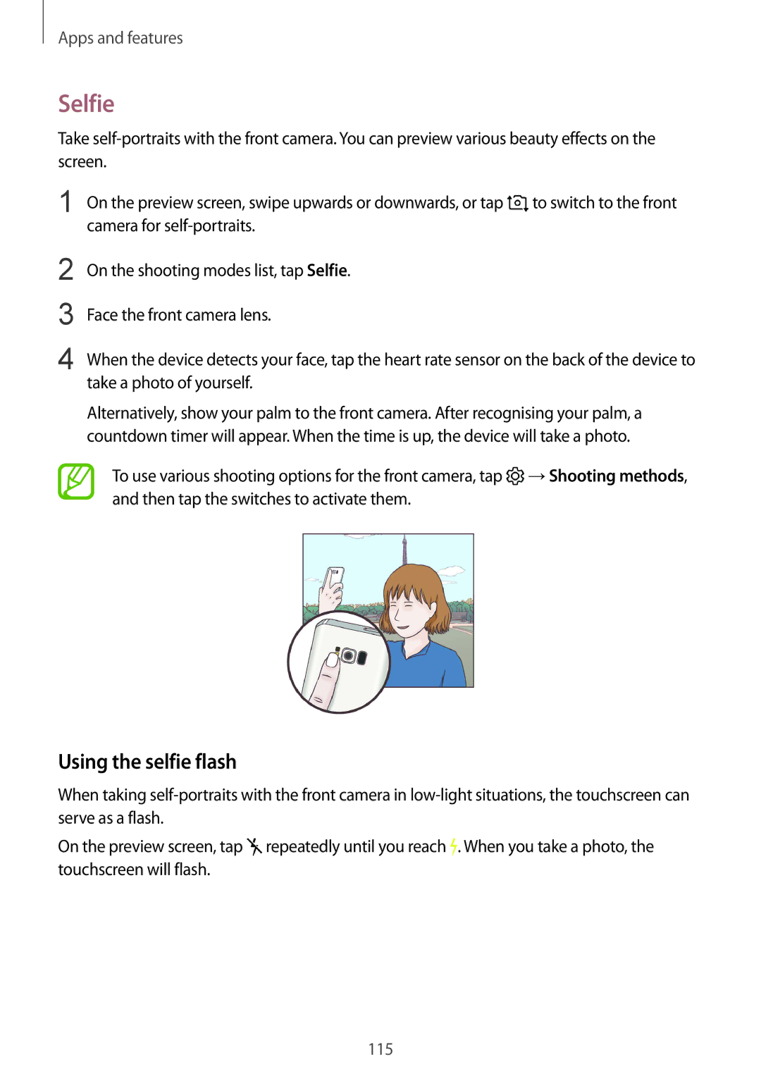 Samsung SM-G950FZVACYV, SM-G950FZIADBT, SM-G955FZSADBT, SM-G955FZKADBT, SM-G955FZVADBT manual Selfie, Using the selfie flash 