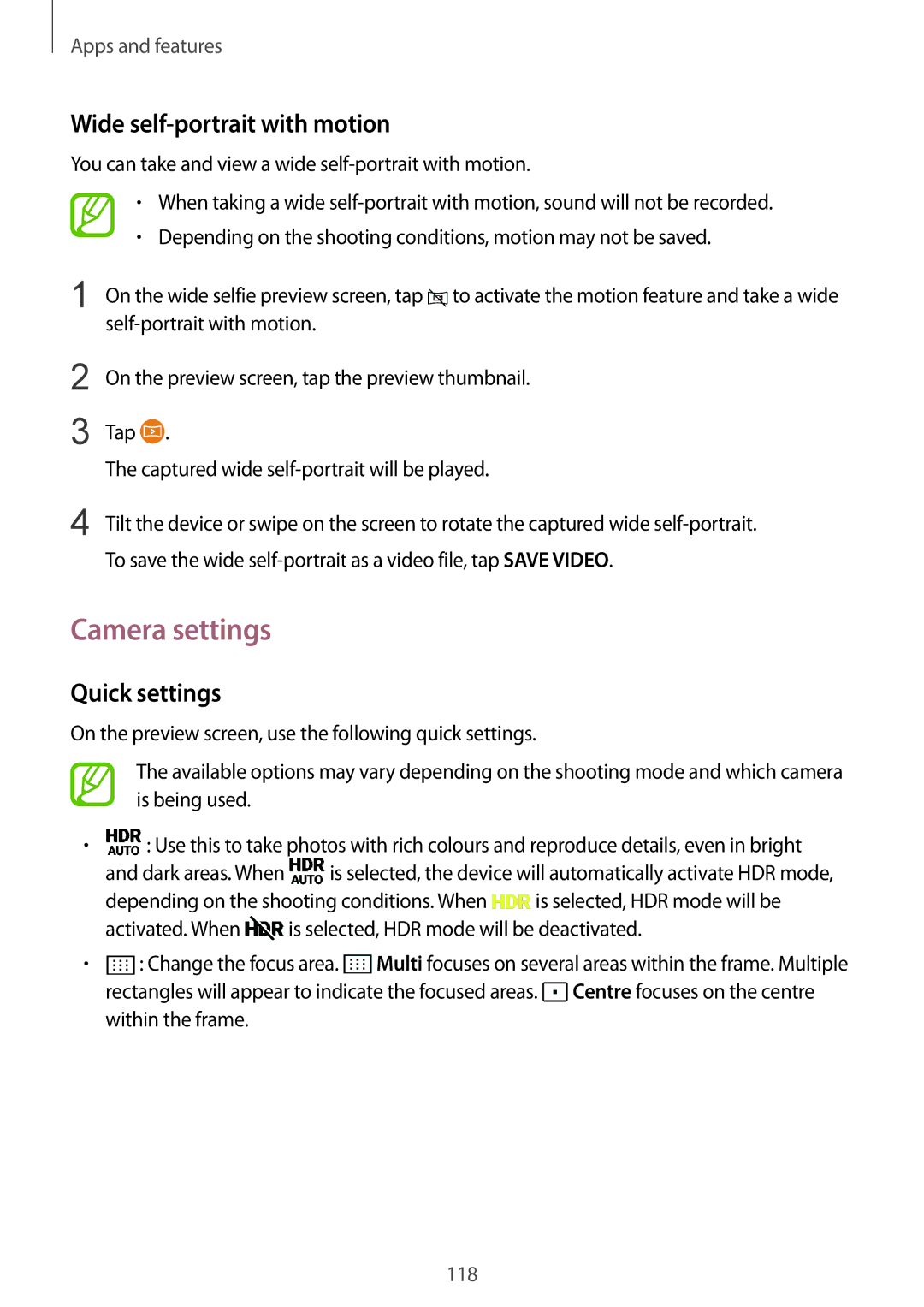 Samsung SM-G955FZKACOS, SM-G950FZIADBT, SM-G955FZSADBT manual Camera settings, Wide self-portrait with motion, Quick settings 