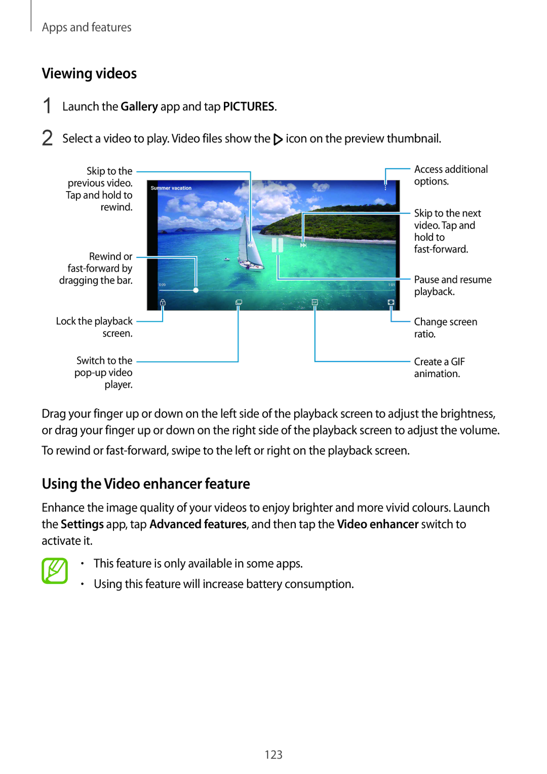 Samsung SM-G955FZKAILO, SM-G950FZIADBT, SM-G955FZSADBT, SM-G955FZKADBT manual Viewing videos, Using the Video enhancer feature 