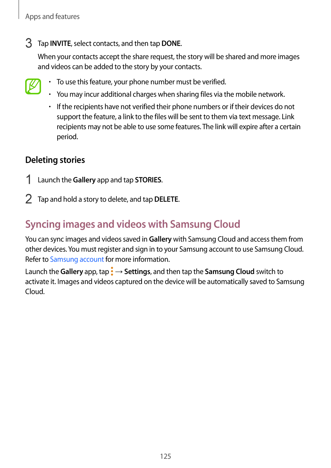 Samsung SM-G950FZKAILO, SM-G950FZIADBT, SM-G955FZSADBT manual Syncing images and videos with Samsung Cloud, Deleting stories 