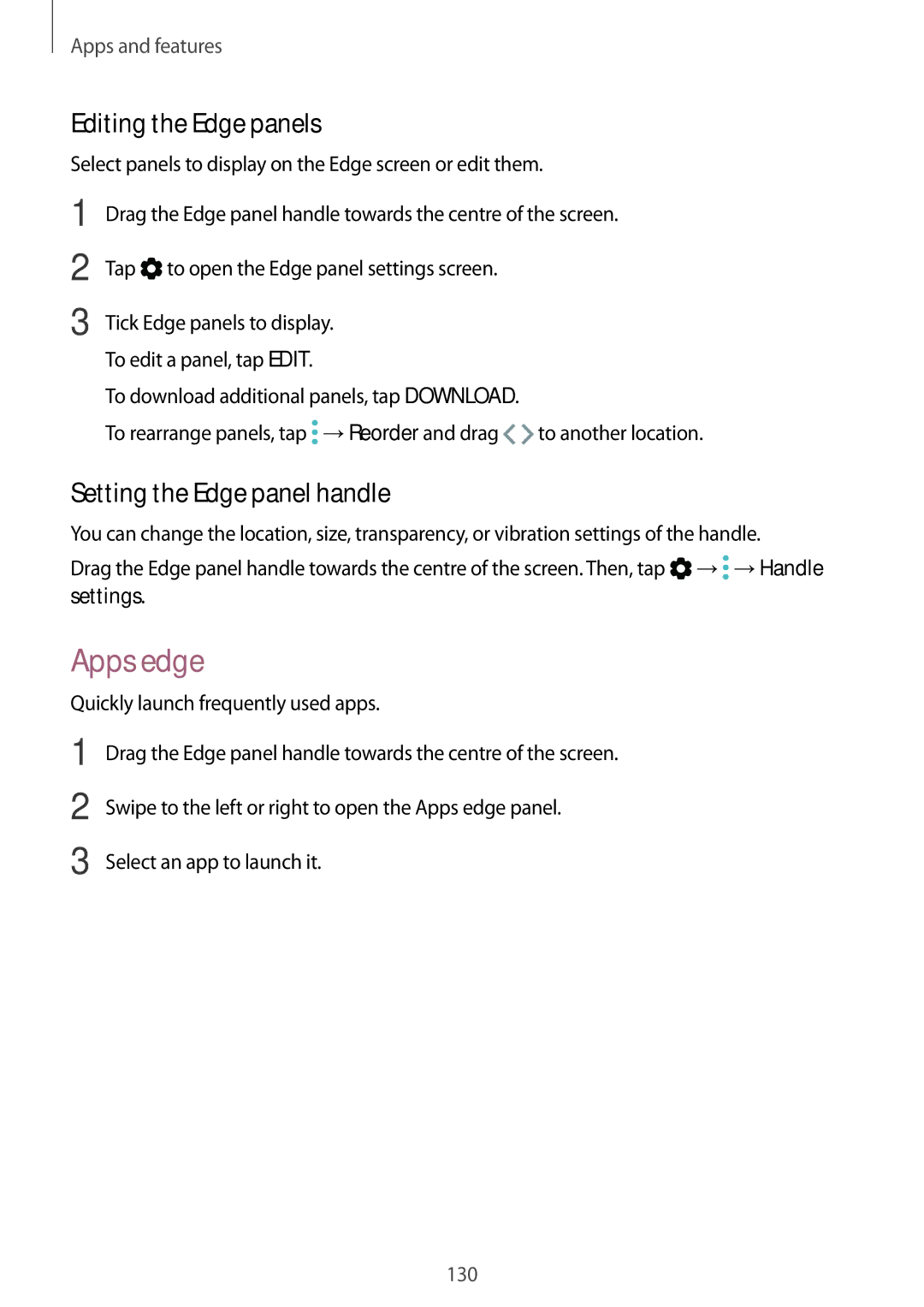 Samsung SM-G955FZVAXEH, SM-G950FZIADBT manual Apps edge, Editing the Edge panels, Setting the Edge panel handle, Settings 