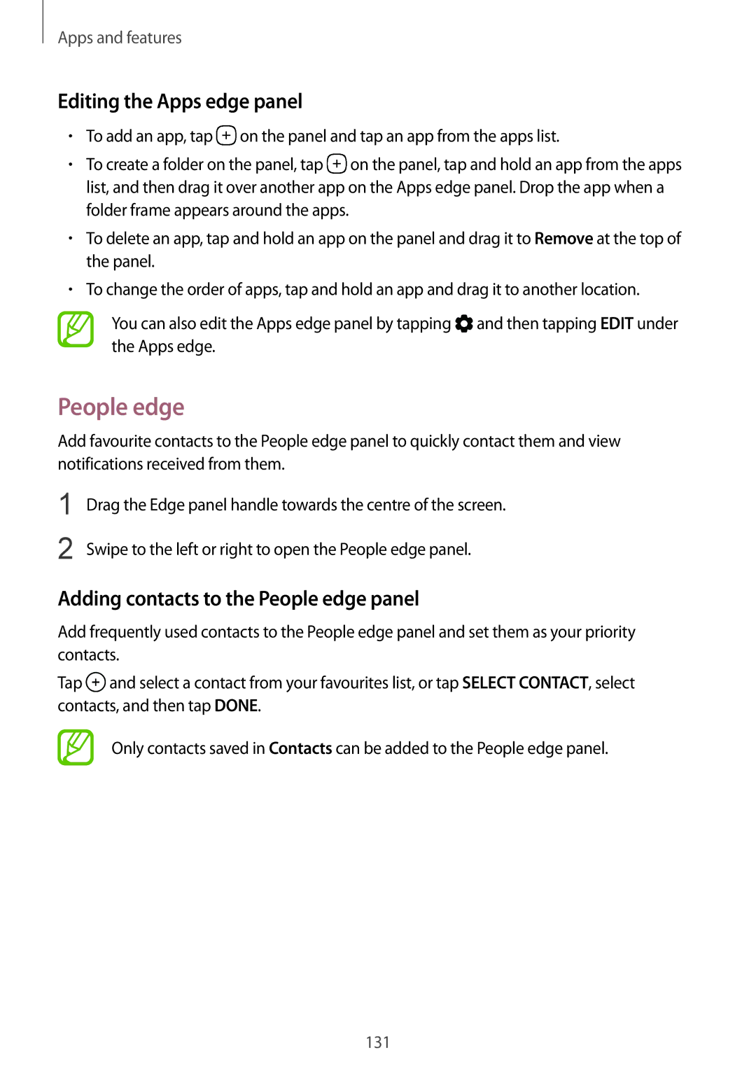 Samsung SM-G955FZKAXEH, SM-G950FZIADBT manual Editing the Apps edge panel, Adding contacts to the People edge panel 