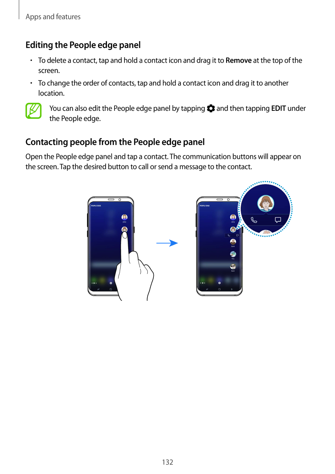 Samsung SM-G950FZKAXEH, SM-G950FZIADBT manual Editing the People edge panel, Contacting people from the People edge panel 