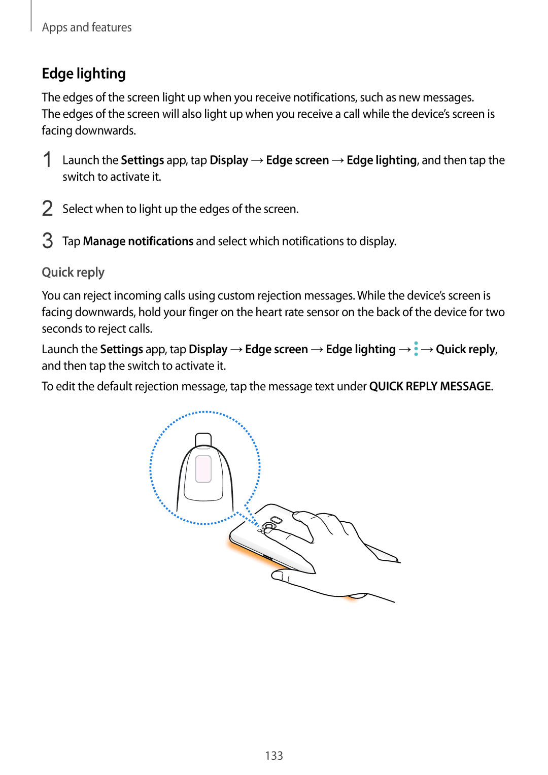 Samsung SM-G950FZSAXEH Edge lighting, Quick reply, Switch to activate it, Select when to light up the edges of the screen 