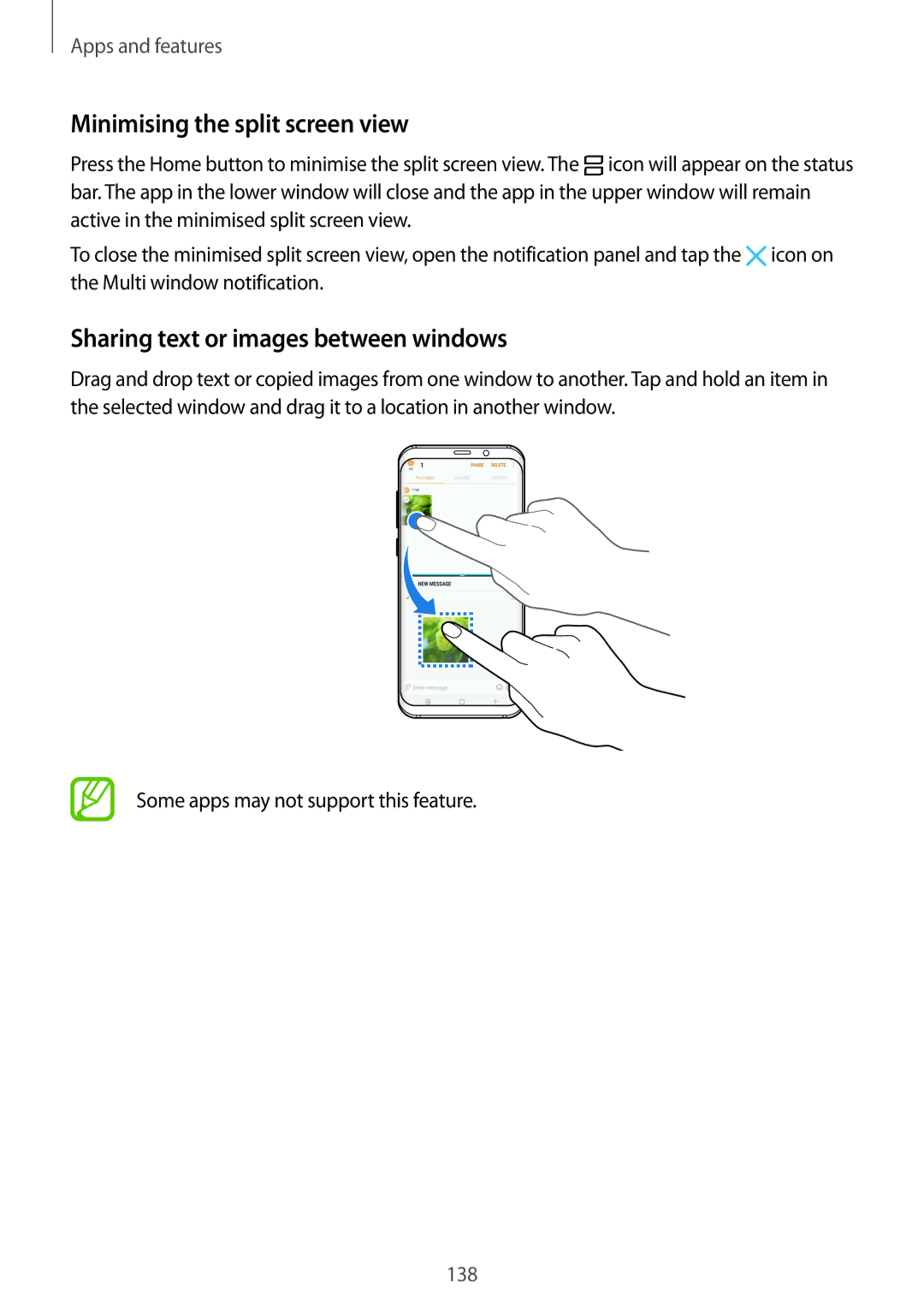 Samsung SM-G950FZIADBT, SM-G955FZSADBT manual Minimising the split screen view, Sharing text or images between windows 