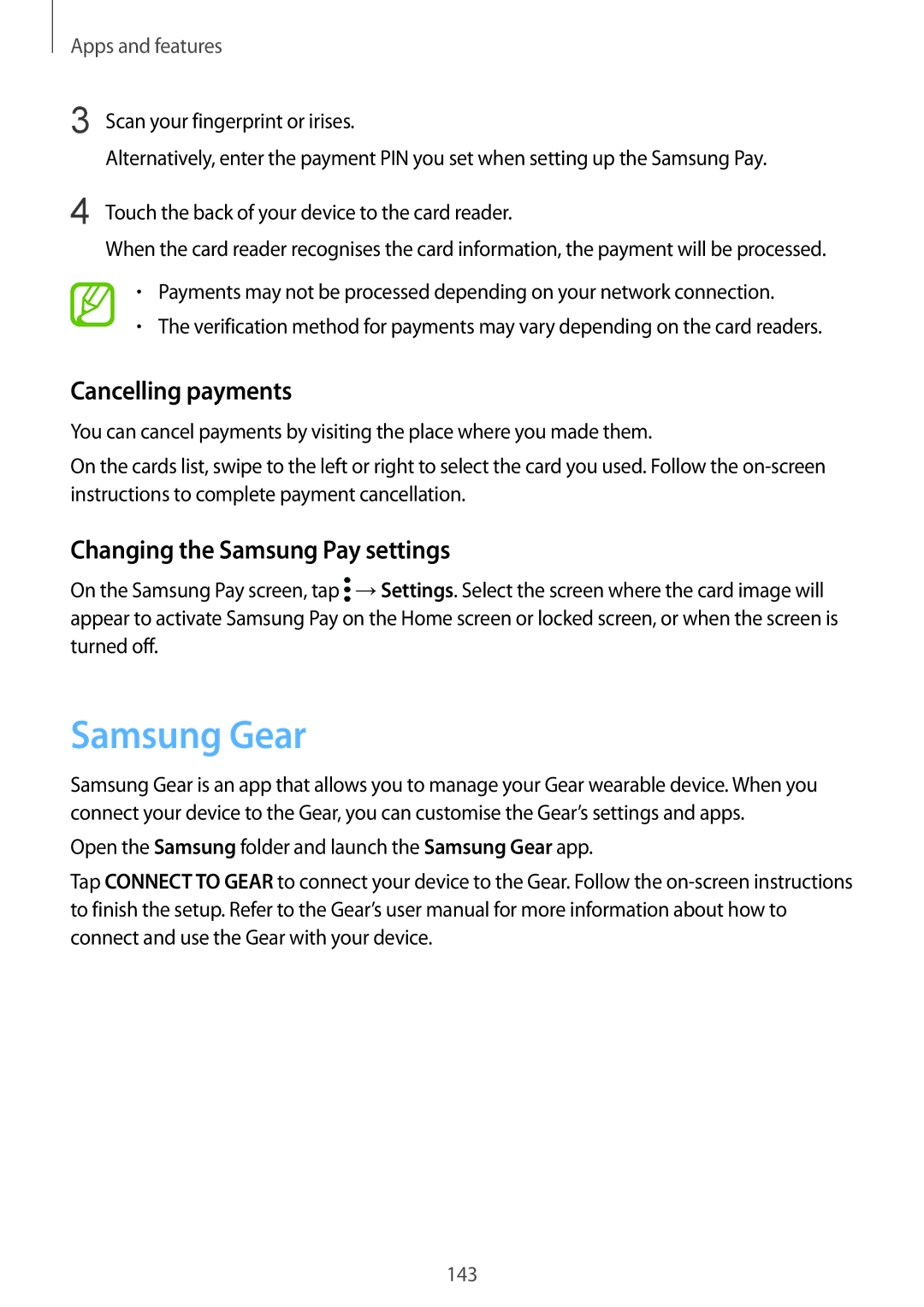 Samsung SM-G950FZVADBT, SM-G950FZIADBT, SM-G955FZSADBT Samsung Gear, Cancelling payments, Changing the Samsung Pay settings 