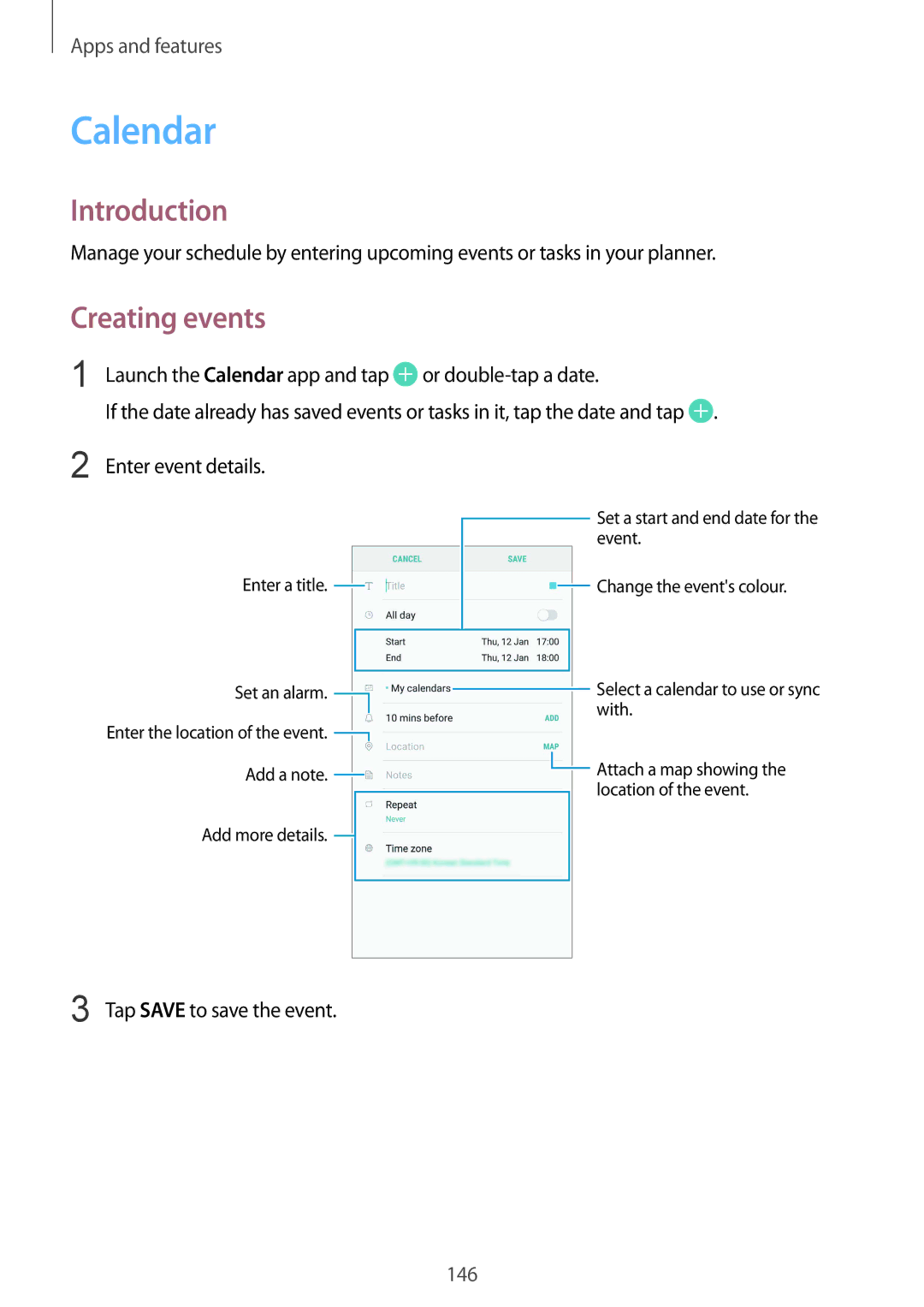 Samsung SM-G955FZBADBT, SM-G950FZIADBT, SM-G955FZSADBT, SM-G955FZKADBT Calendar, Creating events, Tap Save to save the event 