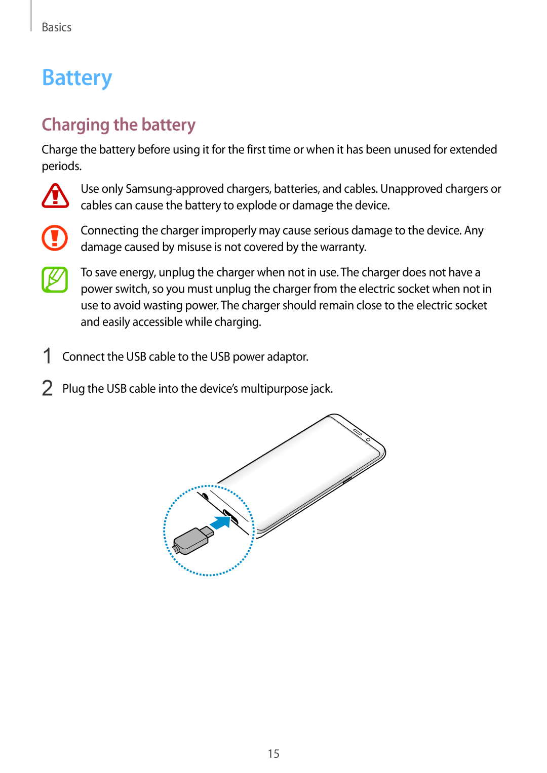 Samsung SM-G955FZKAXEF, SM-G950FZIADBT, SM-G955FZSADBT, SM-G955FZKADBT, SM-G955FZVADBT manual Battery, Charging the battery 