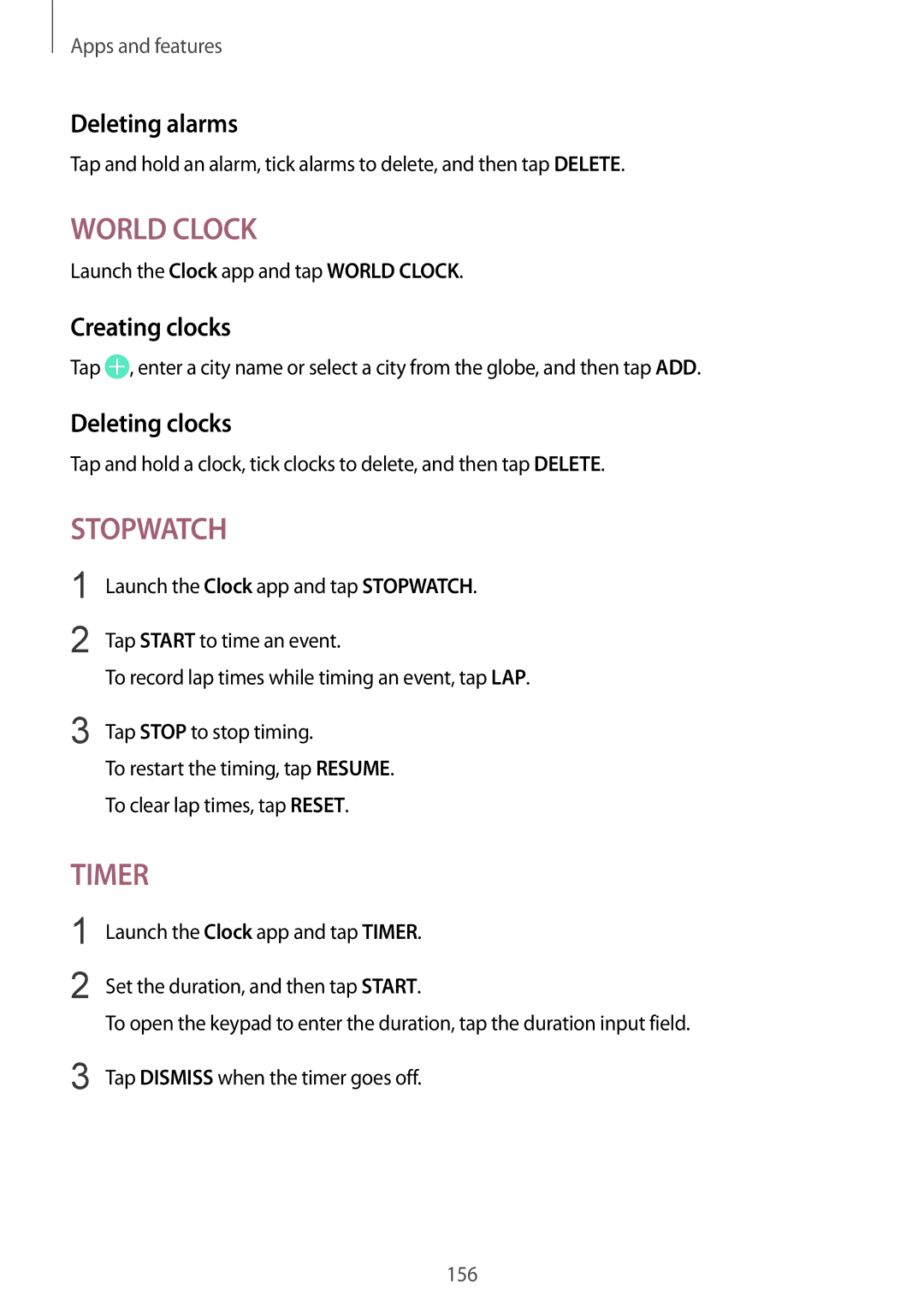 Samsung SM-G950FZVAXEF manual Deleting alarms, Creating clocks, Deleting clocks, Launch the Clock app and tap World Clock 