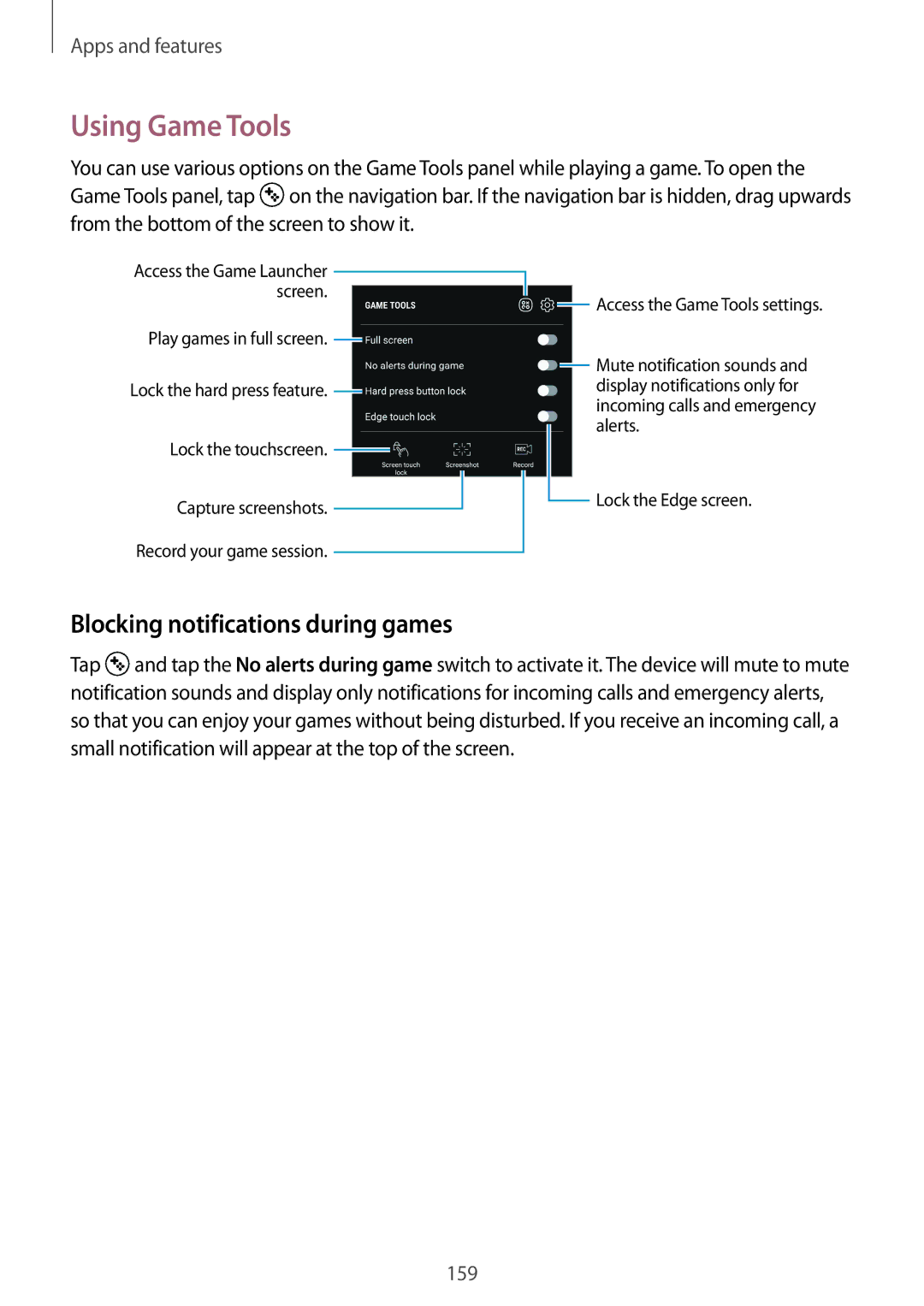 Samsung SM-G950FZBAXEF, SM-G950FZIADBT, SM-G955FZSADBT, SM-G955FZKADBT Using Game Tools, Blocking notifications during games 