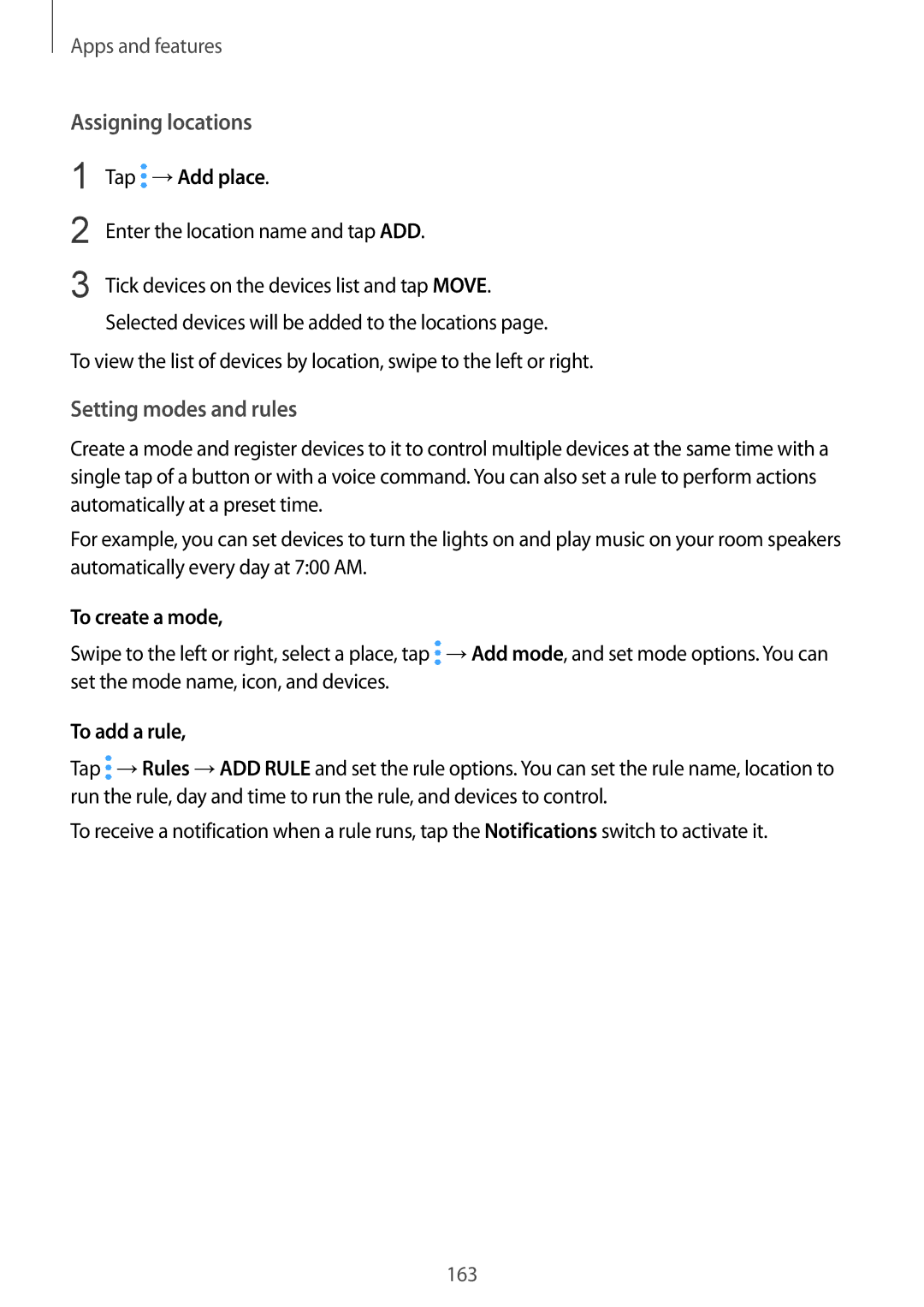 Samsung SM-G955FZVDITV manual Assigning locations, Setting modes and rules, Tap →Add place, To create a mode, To add a rule 